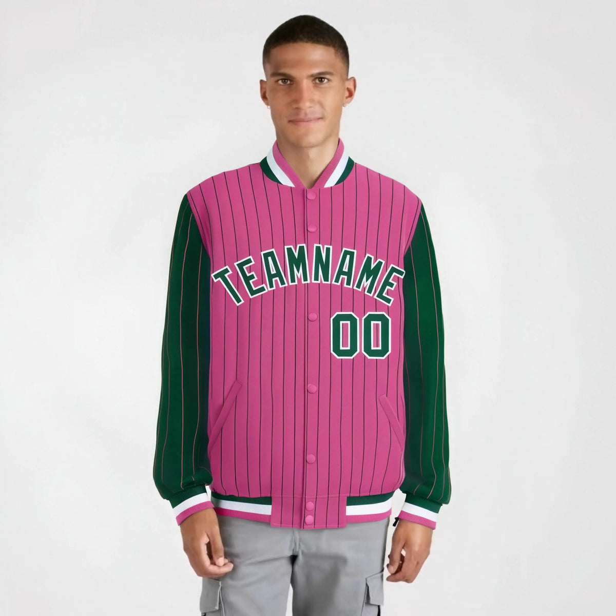 Custom Pink Green-Pink Personalized Stripe Fashion Letterman Bomber Varsity Jacket