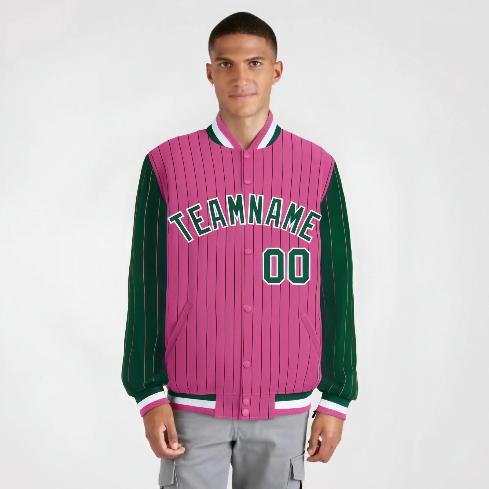 Custom Pink Green-Pink Personalized Stripe Fashion Letterman Bomber Varsity Jacket