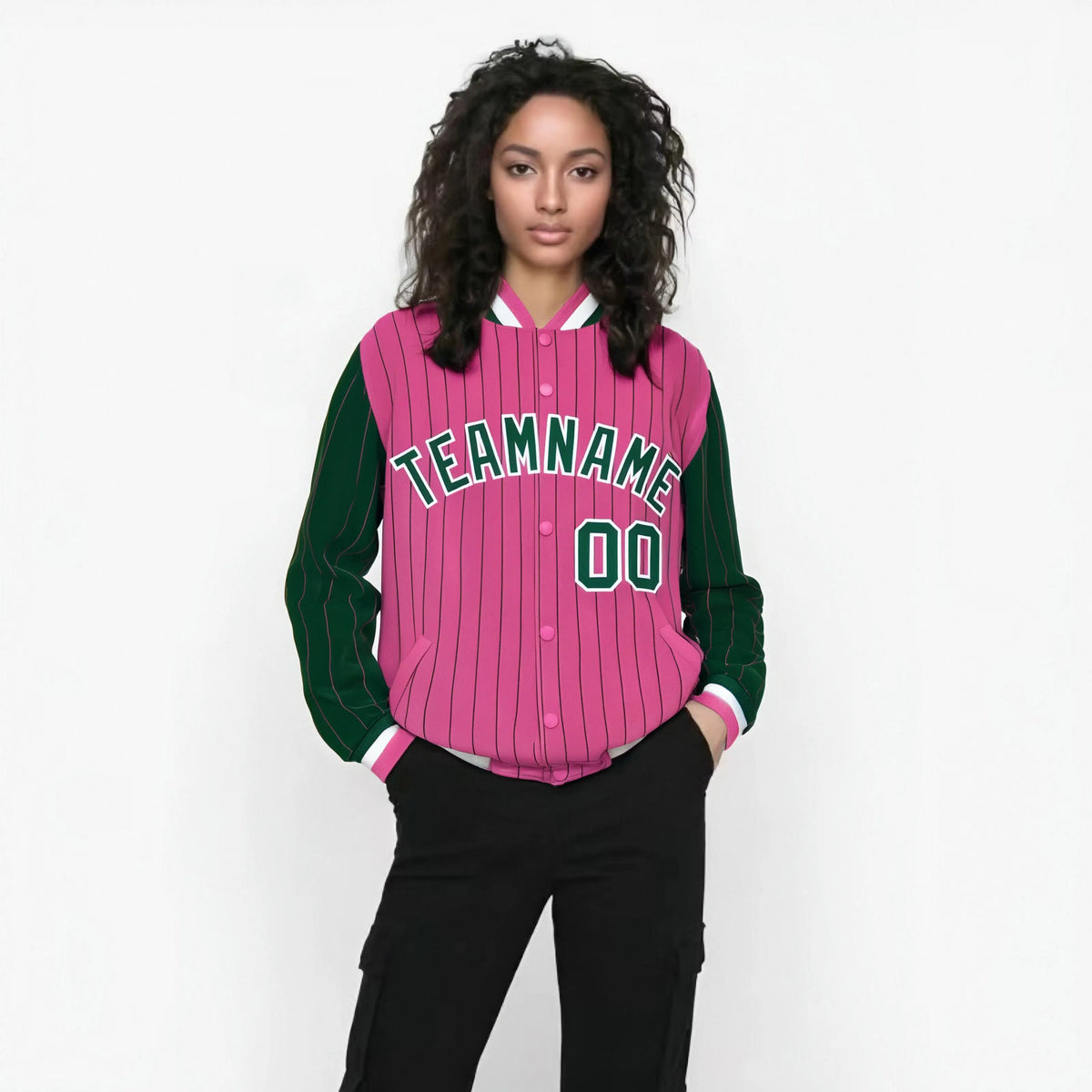 Custom Pink Green-Pink Personalized Stripe Fashion Letterman Bomber Varsity Jacket