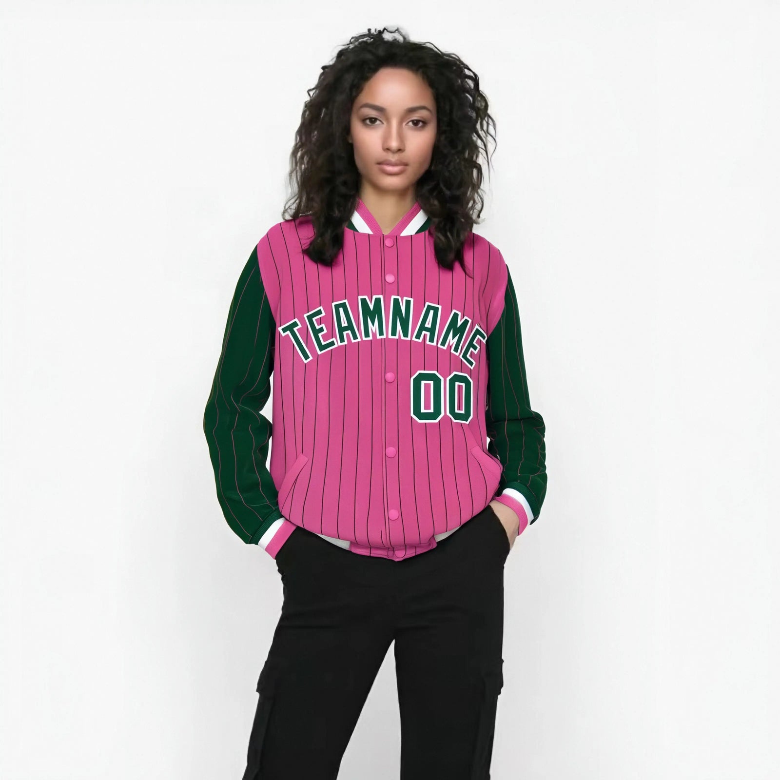 Custom Pink Green-Pink Personalized Stripe Fashion Letterman Bomber Varsity Jacket