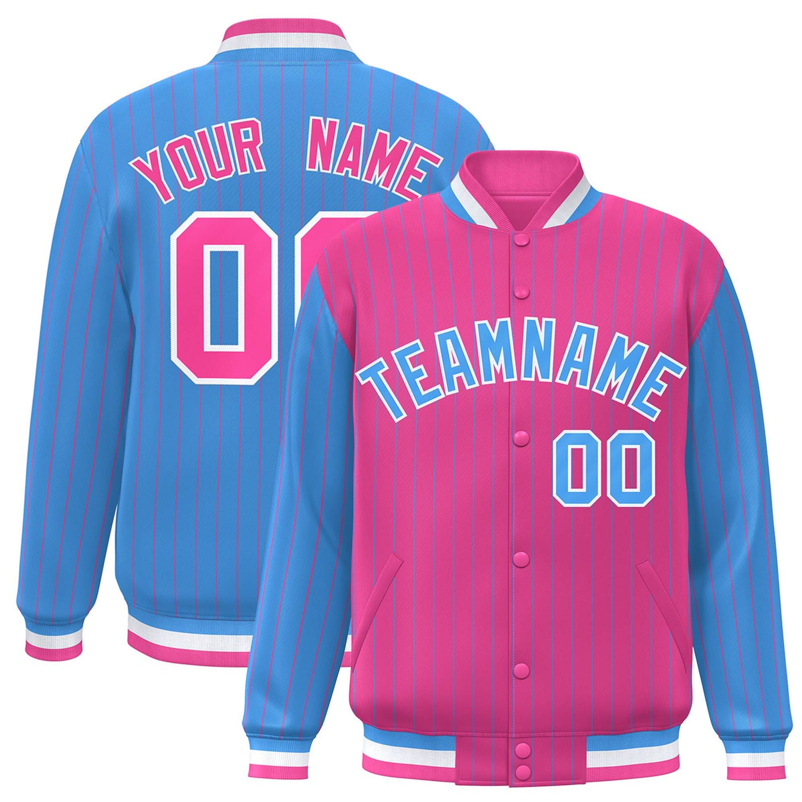 Custom Pink Powder Blue-Pink Personalized Stripe Fashion Letterman Bomber Varsity Jacket