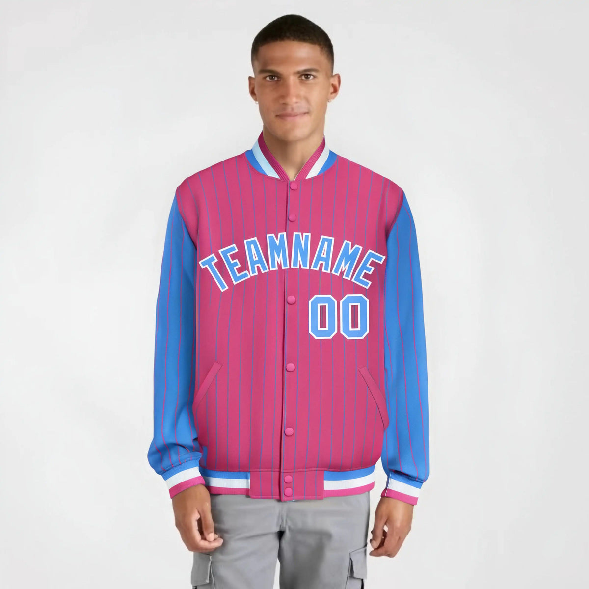 Custom Pink Powder Blue-Pink Personalized Stripe Fashion Letterman Bomber Varsity Jacket
