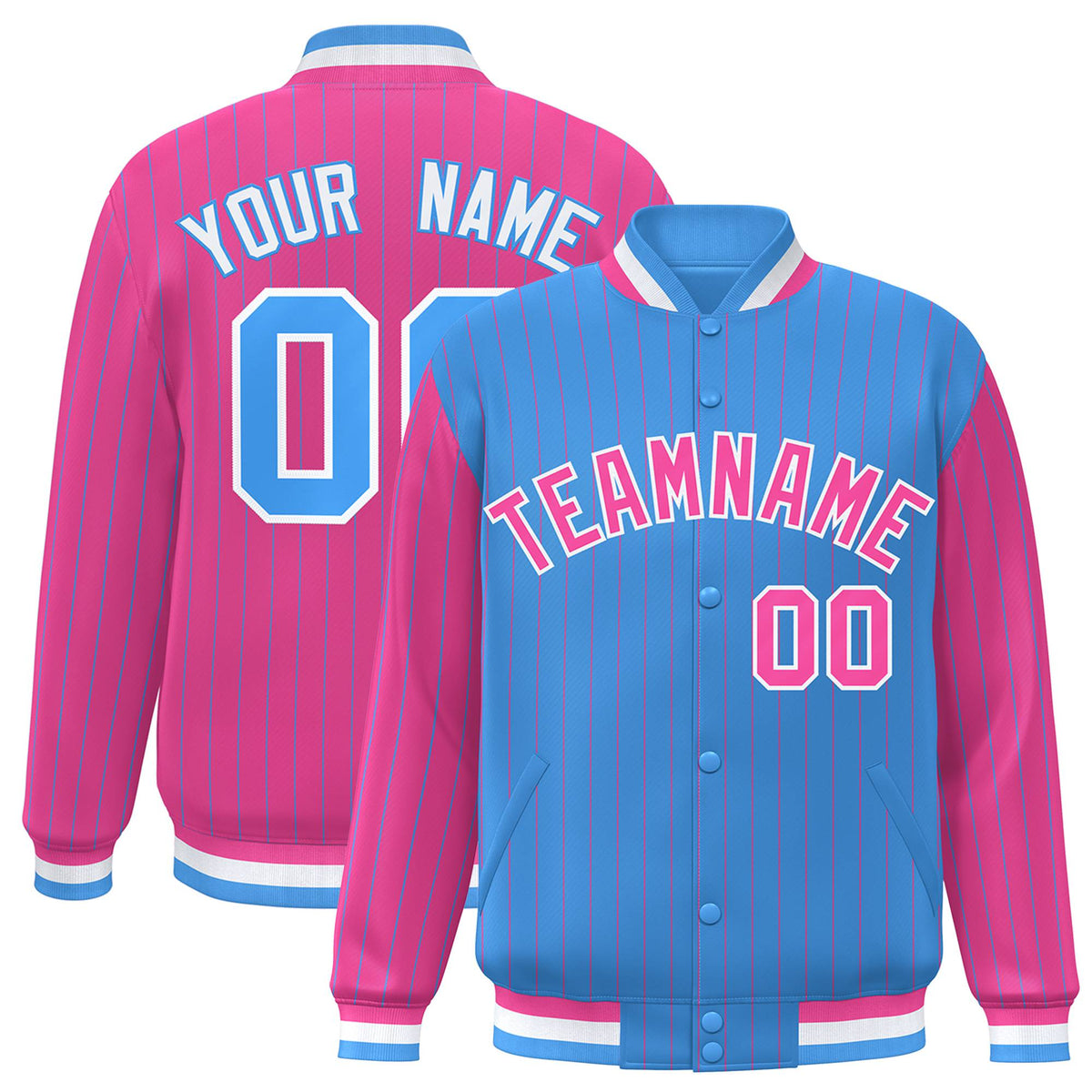 Custom Powder Blue Pink-Powder Blue Personalized Stripe Fashion Letterman Bomber Varsity Jacket