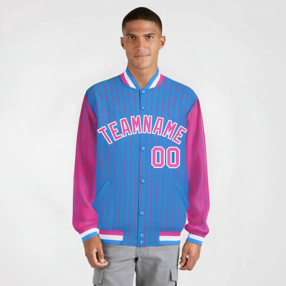 Custom Powder Blue Pink-Powder Blue Personalized Stripe Fashion Letterman Bomber Varsity Jacket