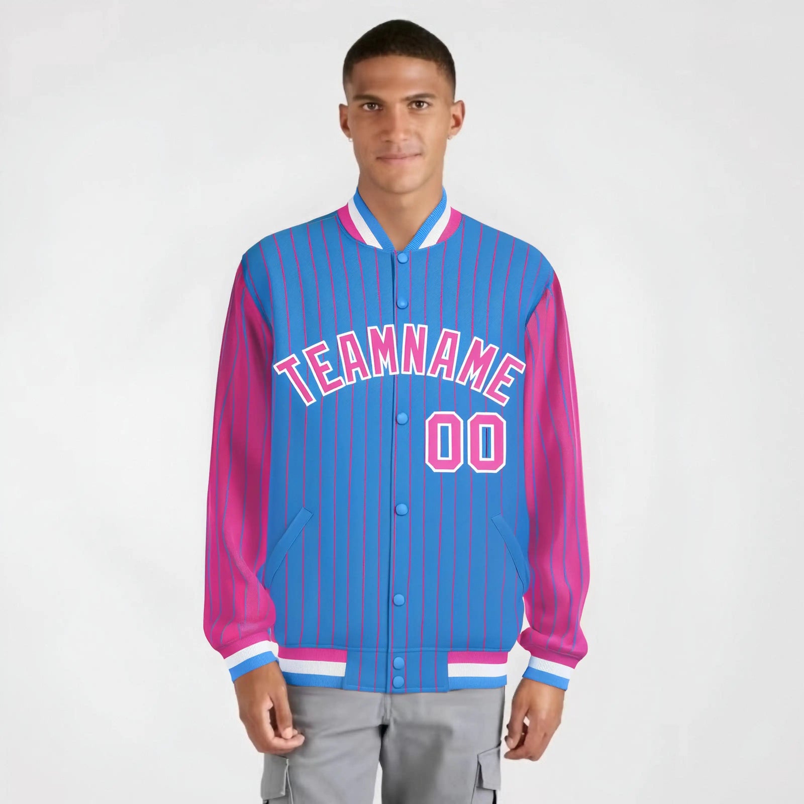 Custom Powder Blue Pink-Powder Blue Personalized Stripe Fashion Letterman Bomber Varsity Jacket