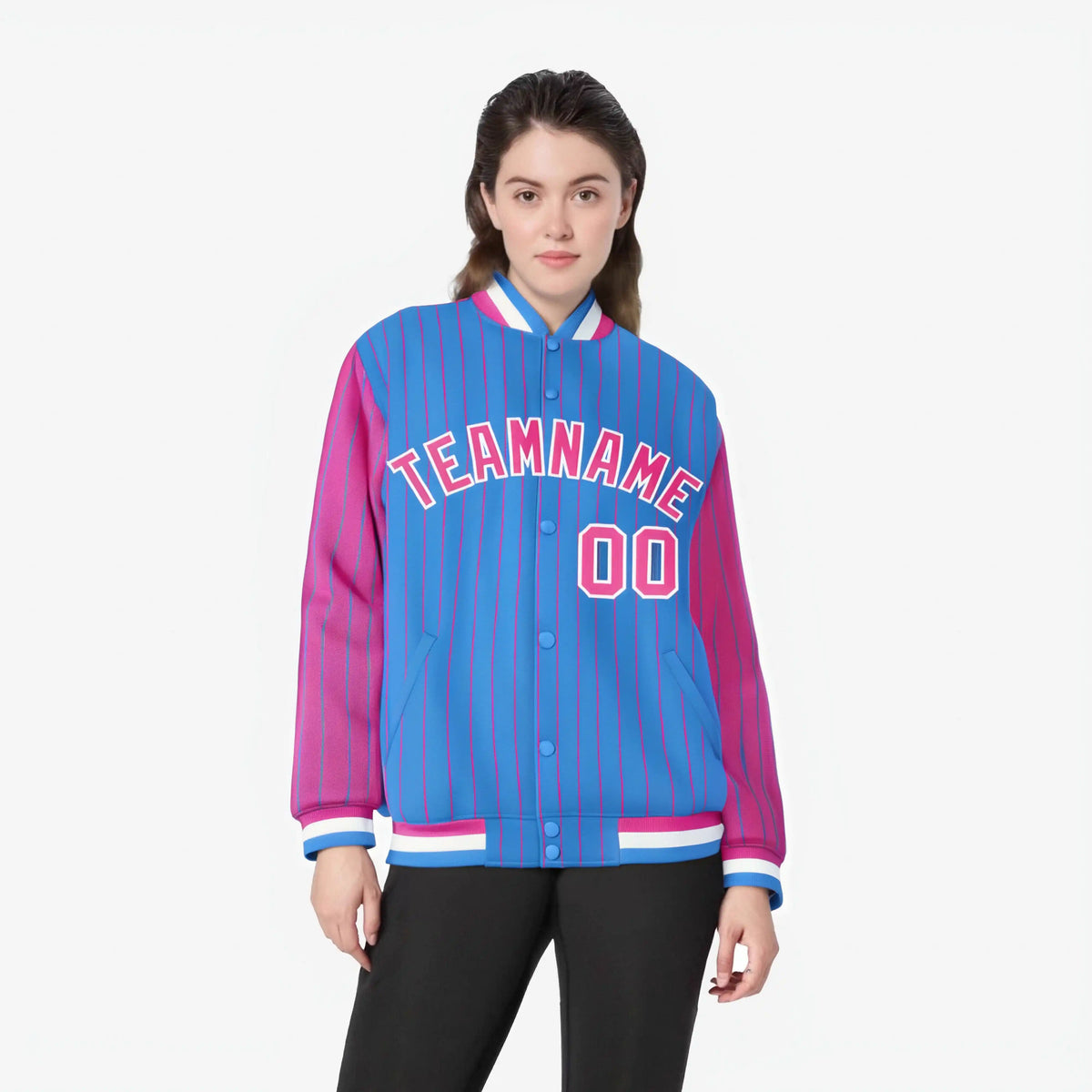 Custom Powder Blue Pink-Powder Blue Personalized Stripe Fashion Letterman Bomber Varsity Jacket