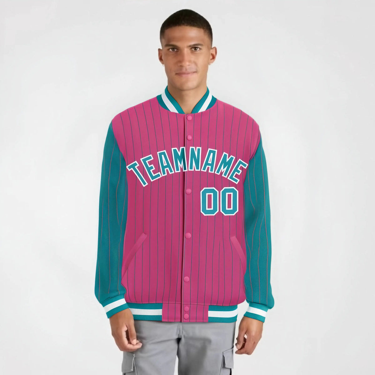 Custom Pink Aqua-Pink Personalized Stripe Fashion Letterman Bomber Varsity Jacket