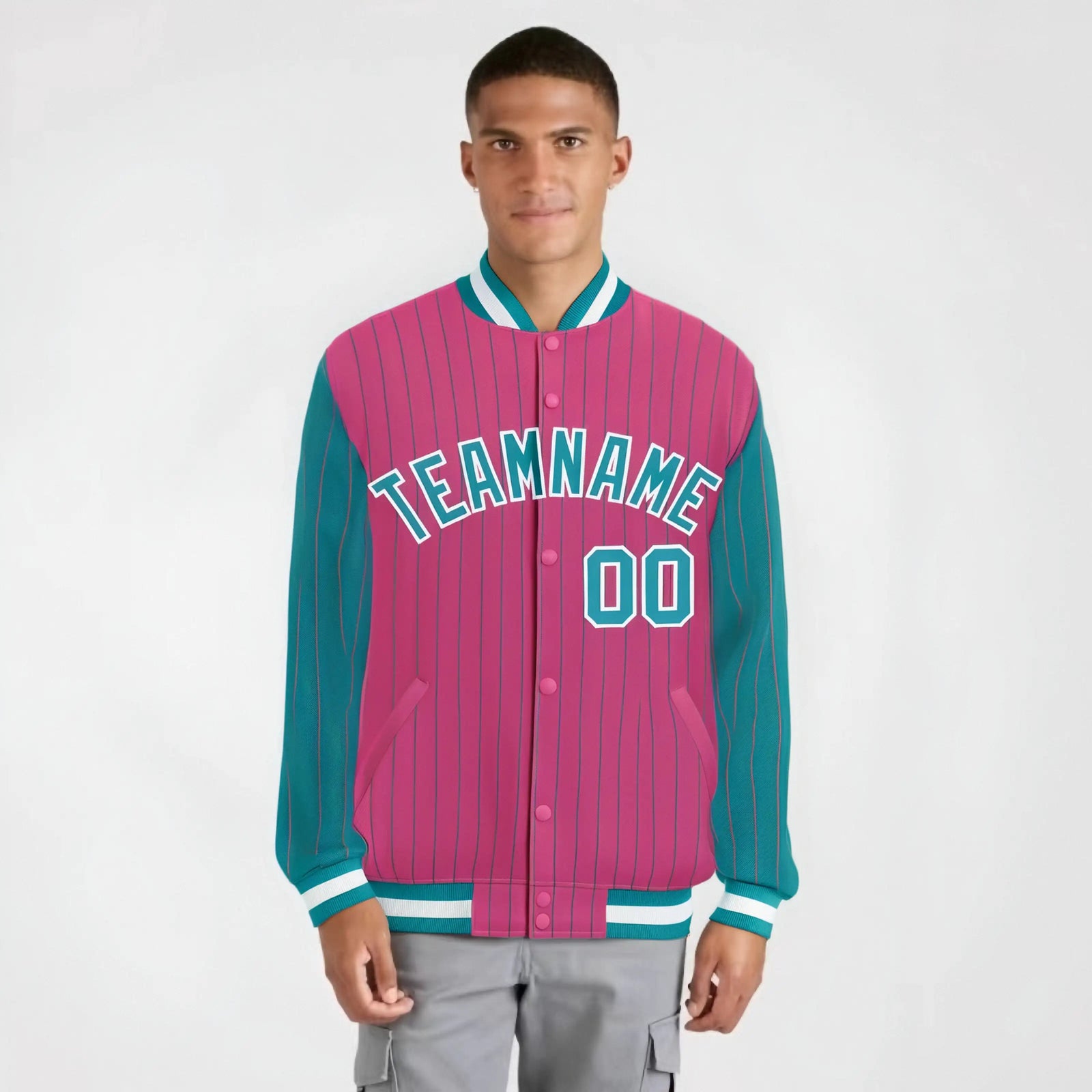 Custom Pink Aqua-Pink Personalized Stripe Fashion Letterman Bomber Varsity Jacket