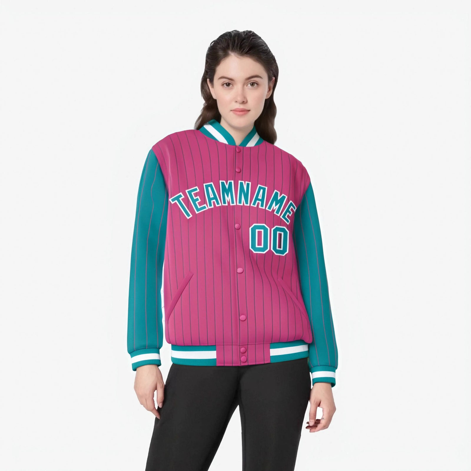 Custom Pink Aqua-Pink Personalized Stripe Fashion Letterman Bomber Varsity Jacket