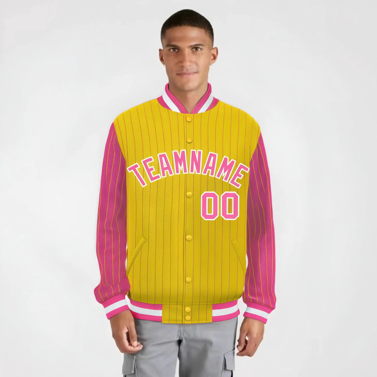 Custom Gold Pink-Gold Personalized Stripe Fashion Letterman Bomber Varsity Jacket