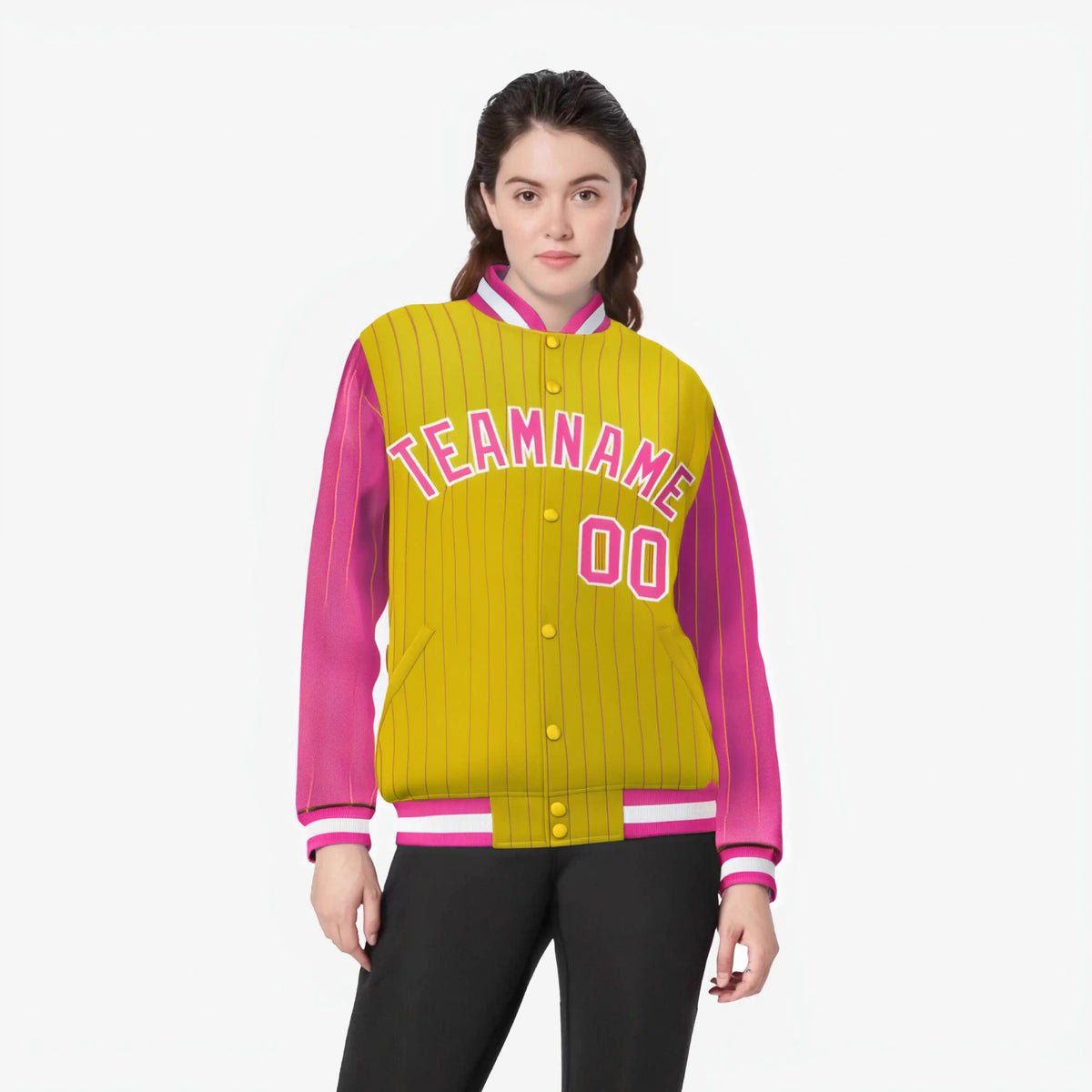 Custom Gold Pink-Gold Personalized Stripe Fashion Letterman Bomber Varsity Jacket