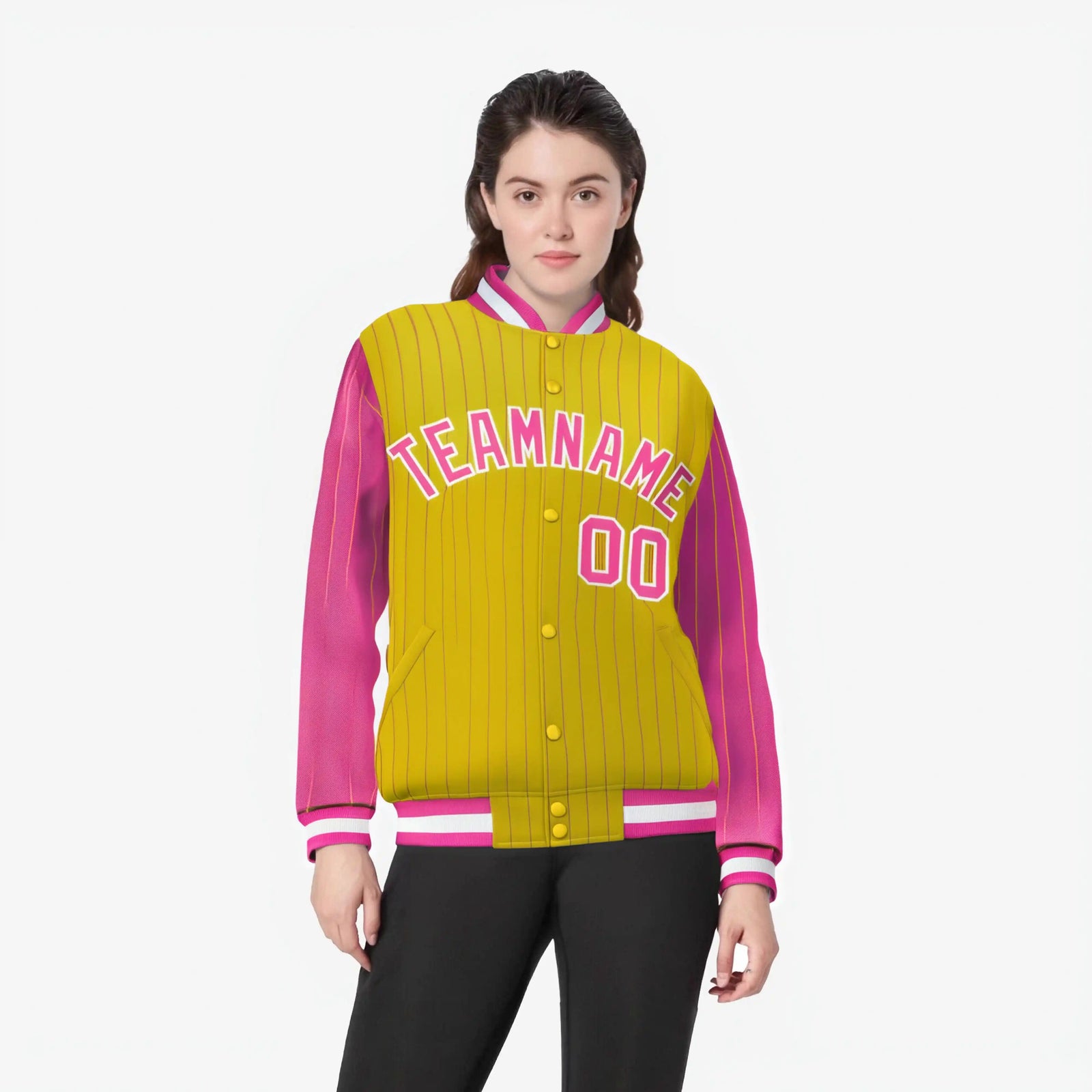 Custom Gold Pink-Gold Personalized Stripe Fashion Letterman Bomber Varsity Jacket