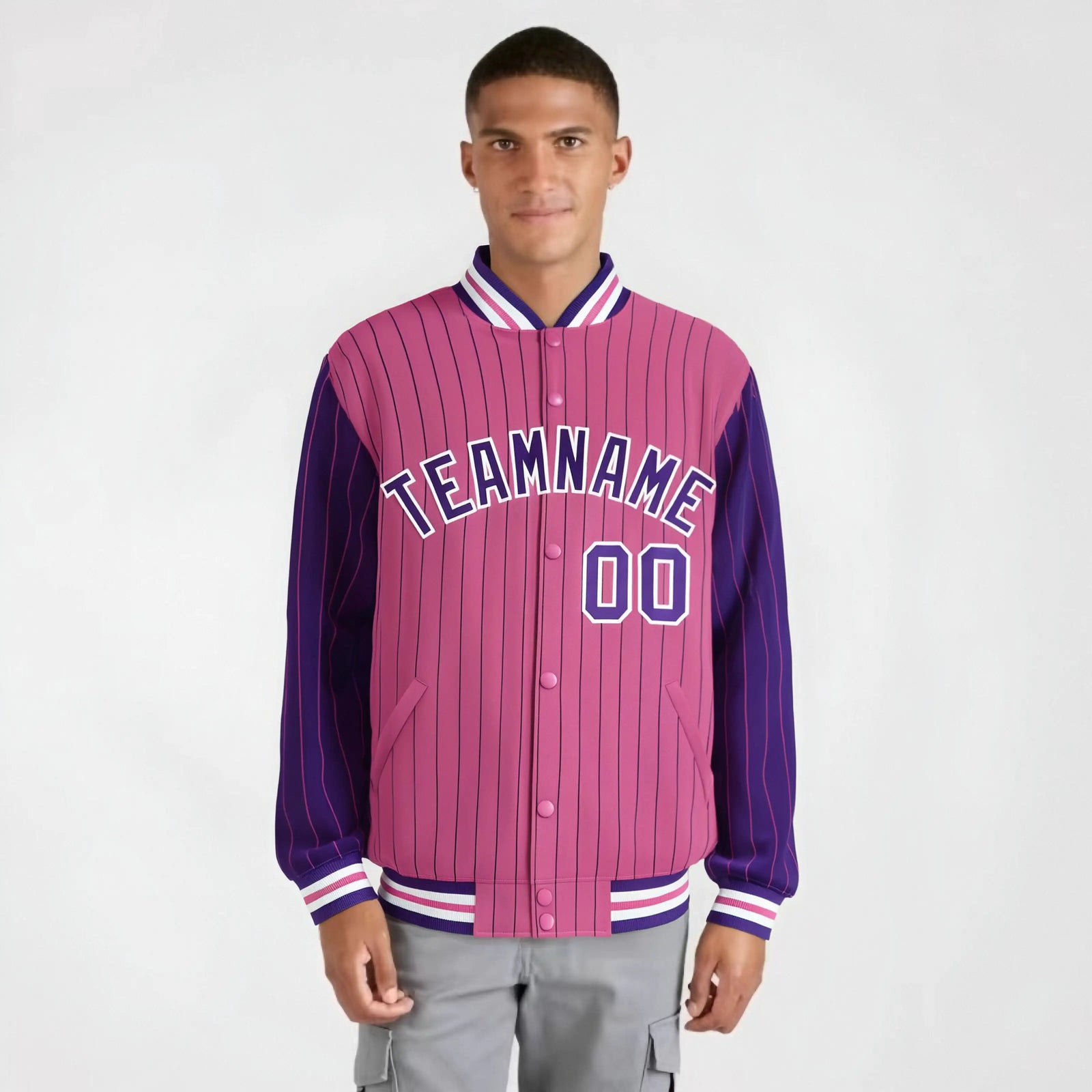 Custom Pink Purple-Pink Personalized Stripe Fashion Letterman Bomber Varsity Jacket