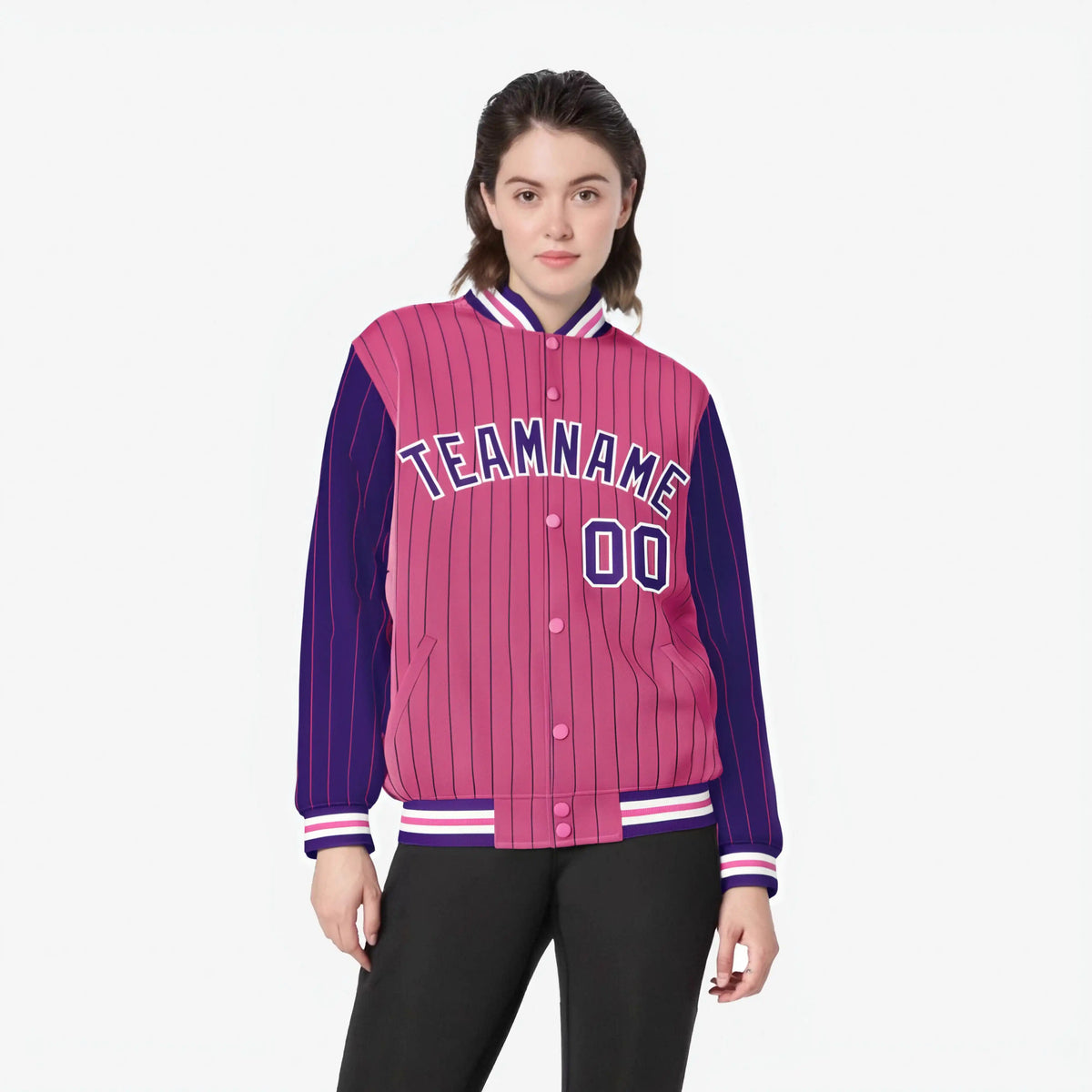 Custom Pink Purple-Pink Personalized Stripe Fashion Letterman Bomber Varsity Jacket