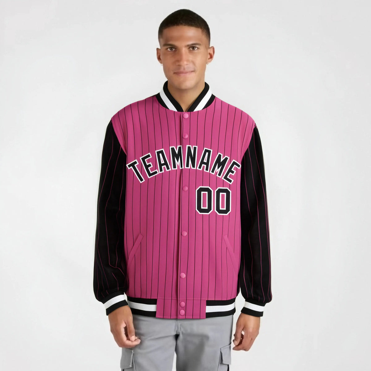 Custom Pink Black-Pink Personalized Stripe Fashion Letterman Bomber Varsity Jacket