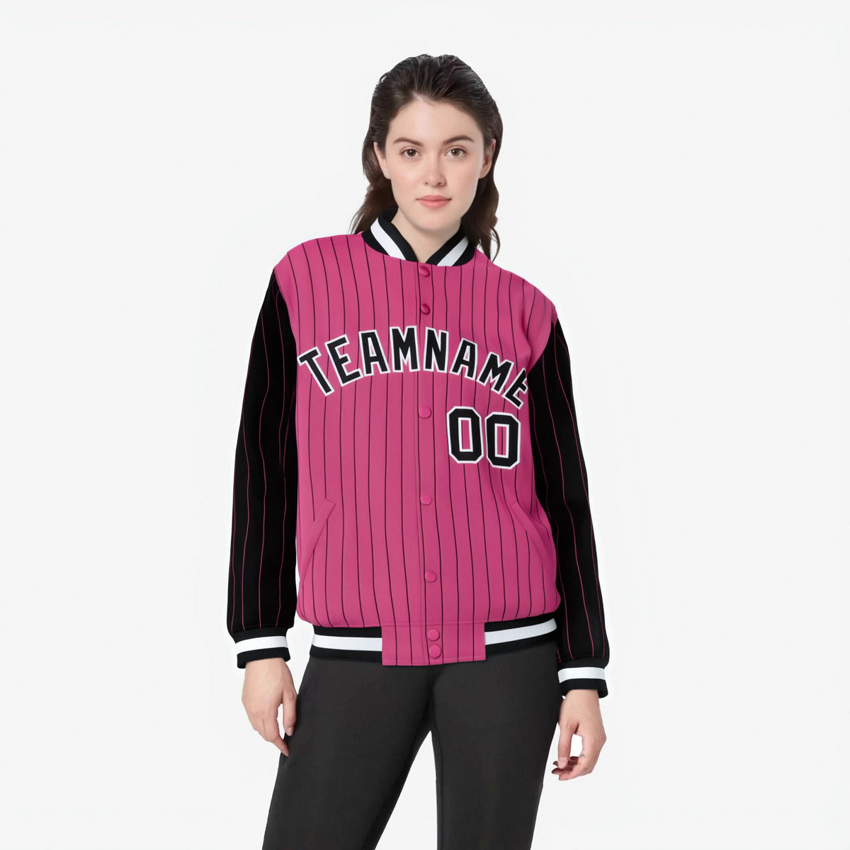 Custom Pink Black-Pink Personalized Stripe Fashion Letterman Bomber Varsity Jacket
