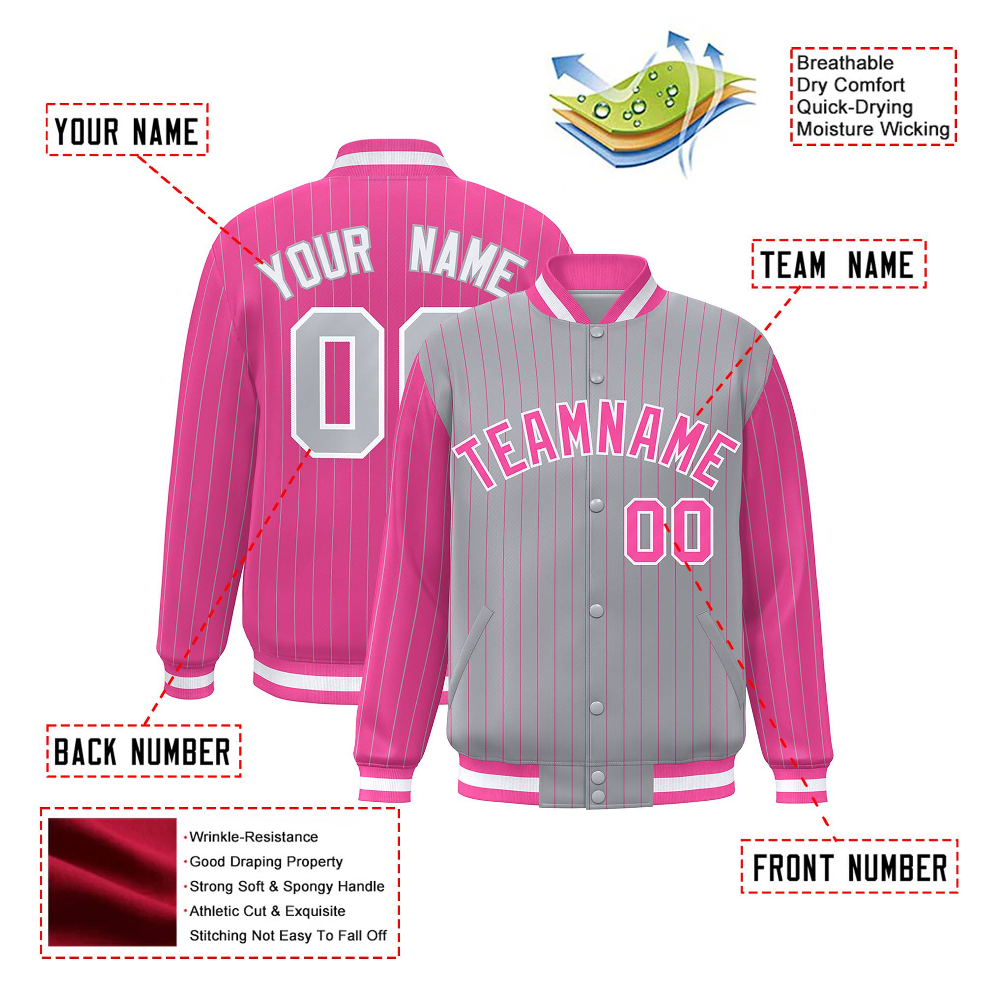 Custom Gray Pink-Gray Personalized Stripe Fashion Letterman Bomber Varsity Jacket