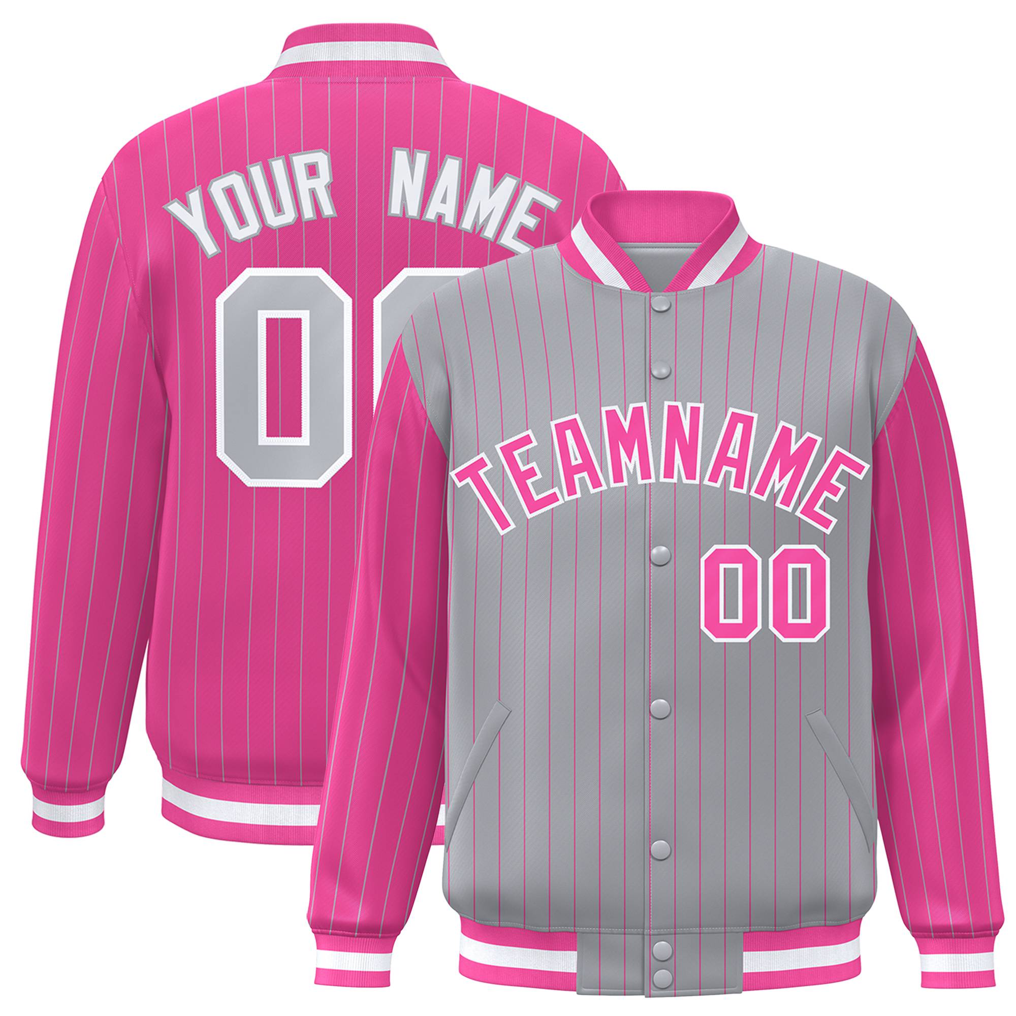 Custom Gray Pink-Gray Personalized Stripe Fashion Letterman Bomber Varsity Jacket