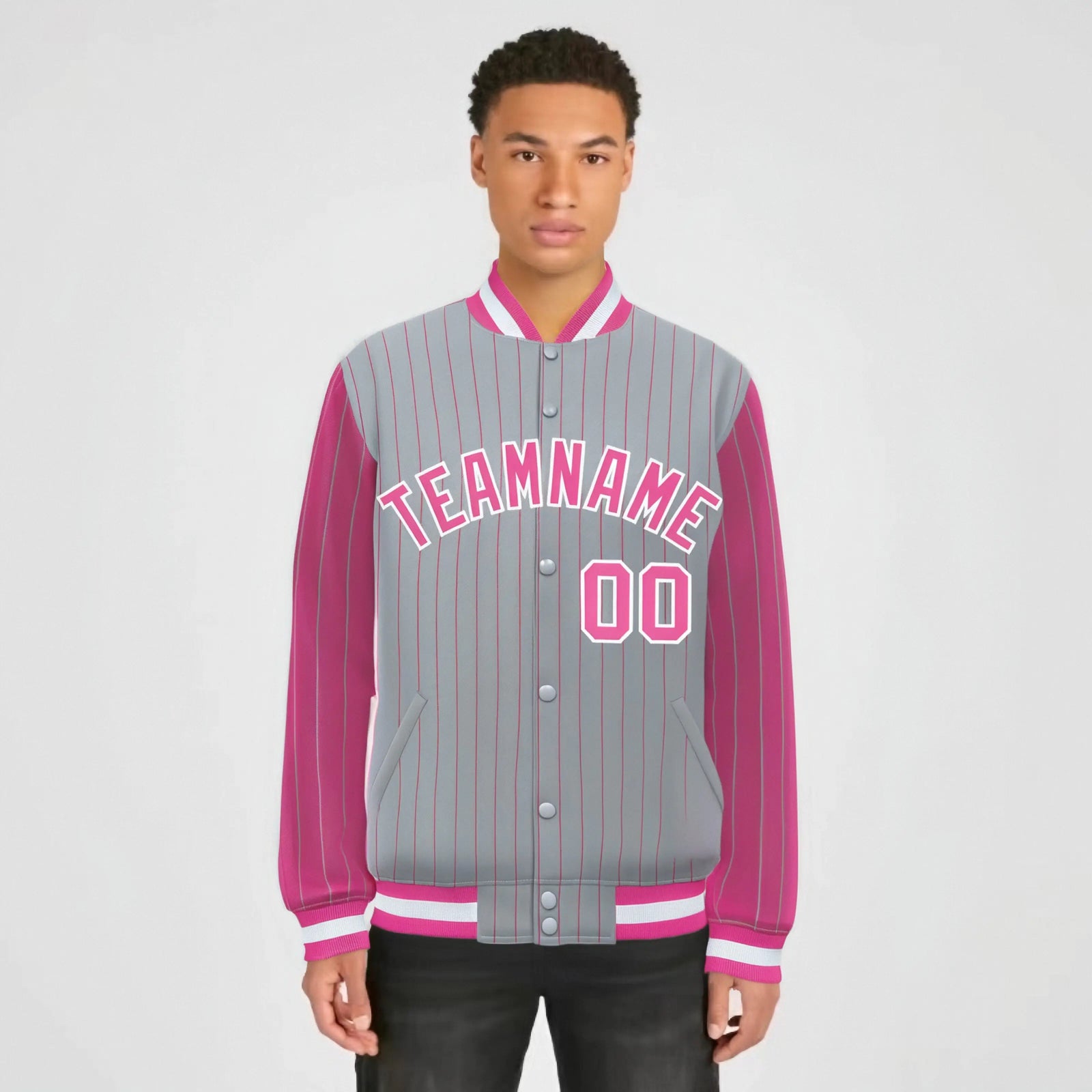 Custom Gray Pink-Gray Personalized Stripe Fashion Letterman Bomber Varsity Jacket