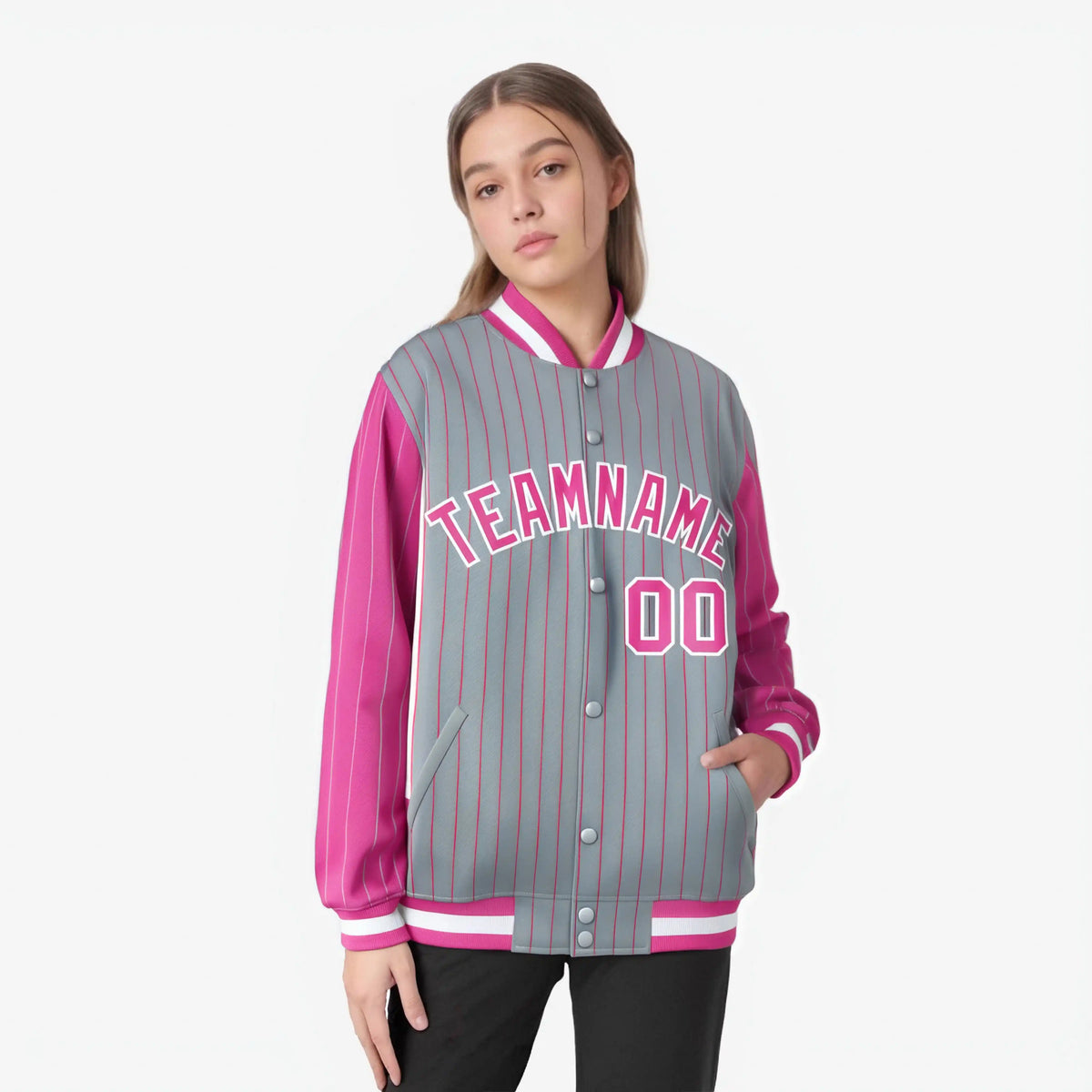 Custom Gray Pink-Gray Personalized Stripe Fashion Letterman Bomber Varsity Jacket