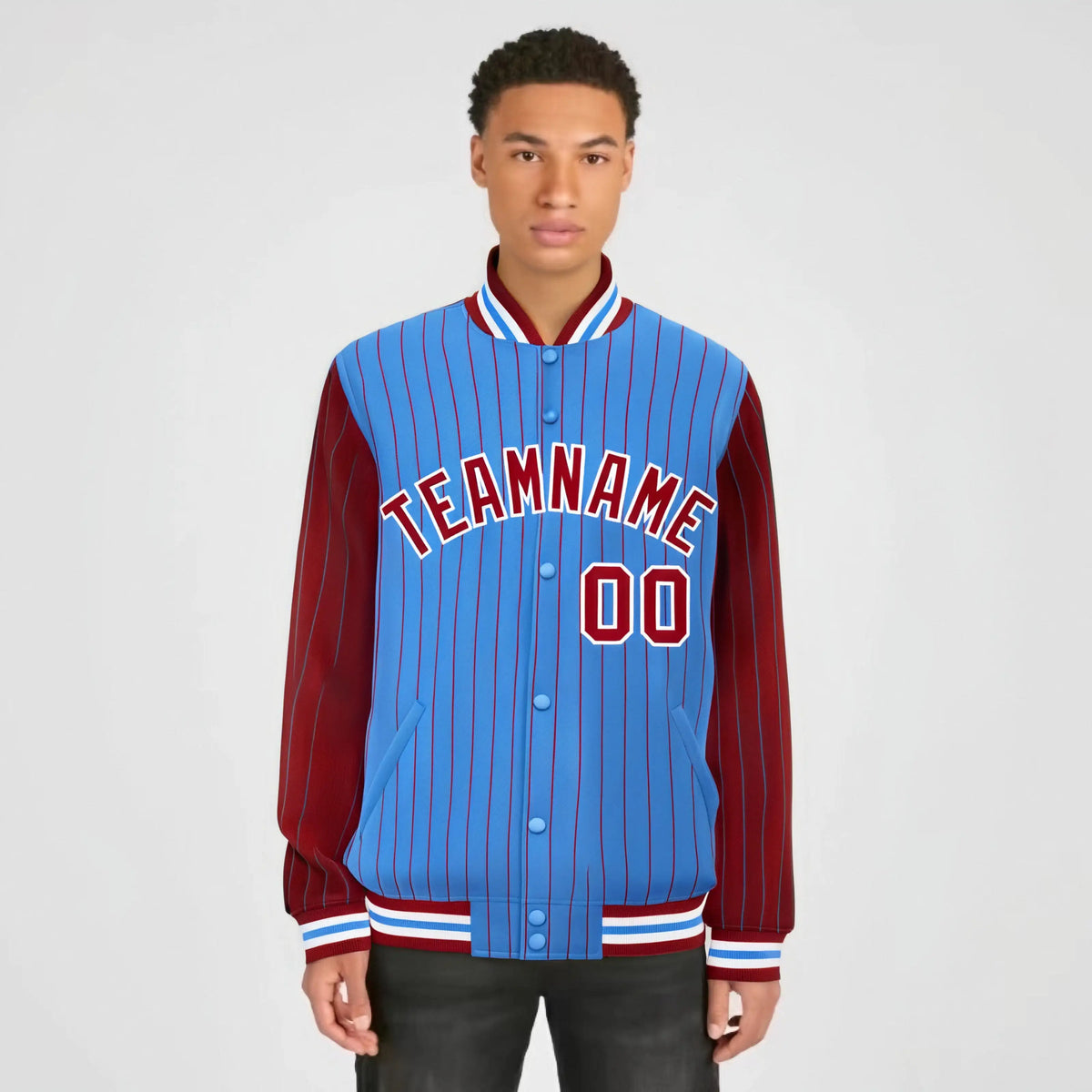 Custom Powder Blue Red-Powder Blue Personalized Stripe Fashion Letterman Bomber Varsity Jacket