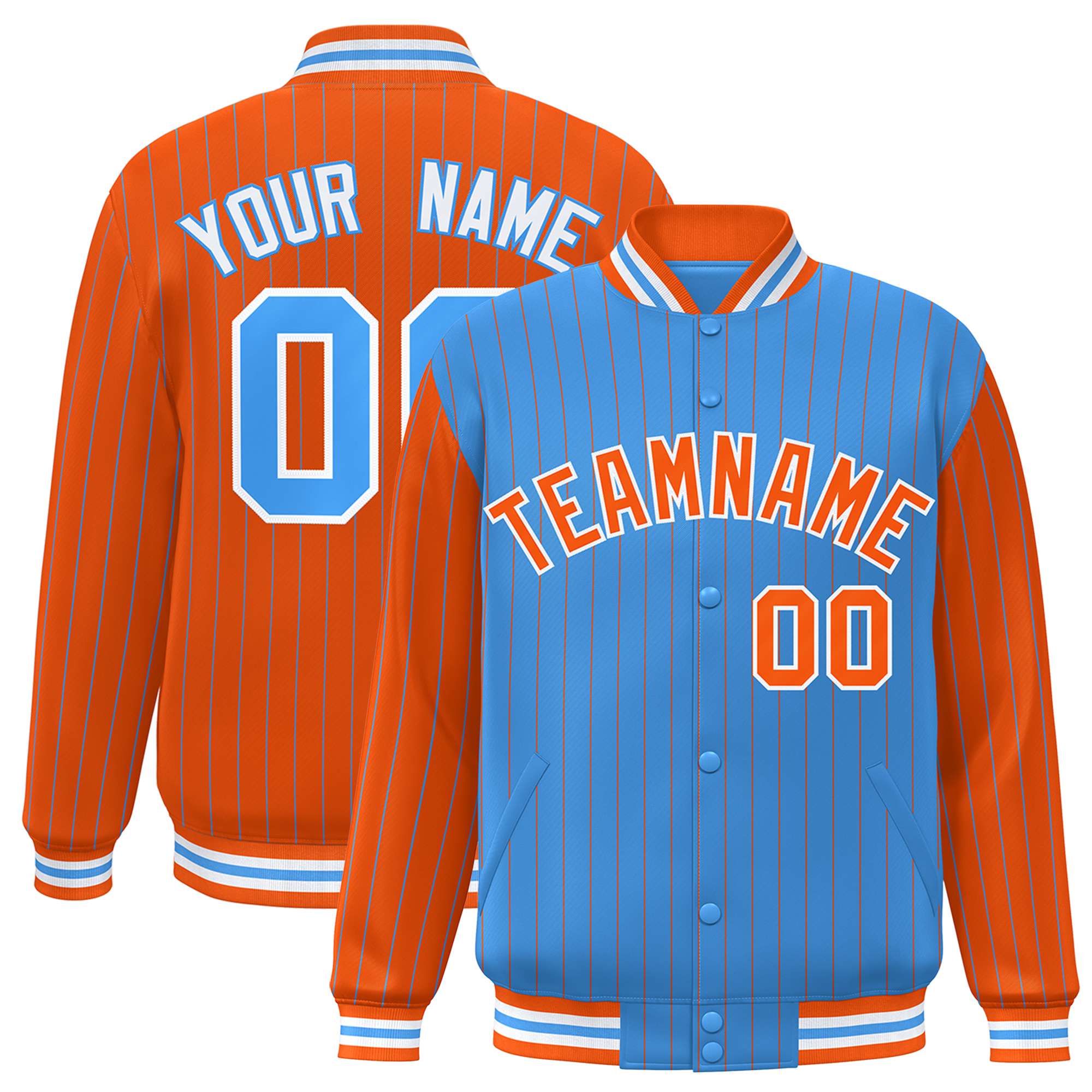 Custom Powder Blue Orange-Powder Blue Personalized Stripe Fashion Letterman Bomber Varsity Jacket