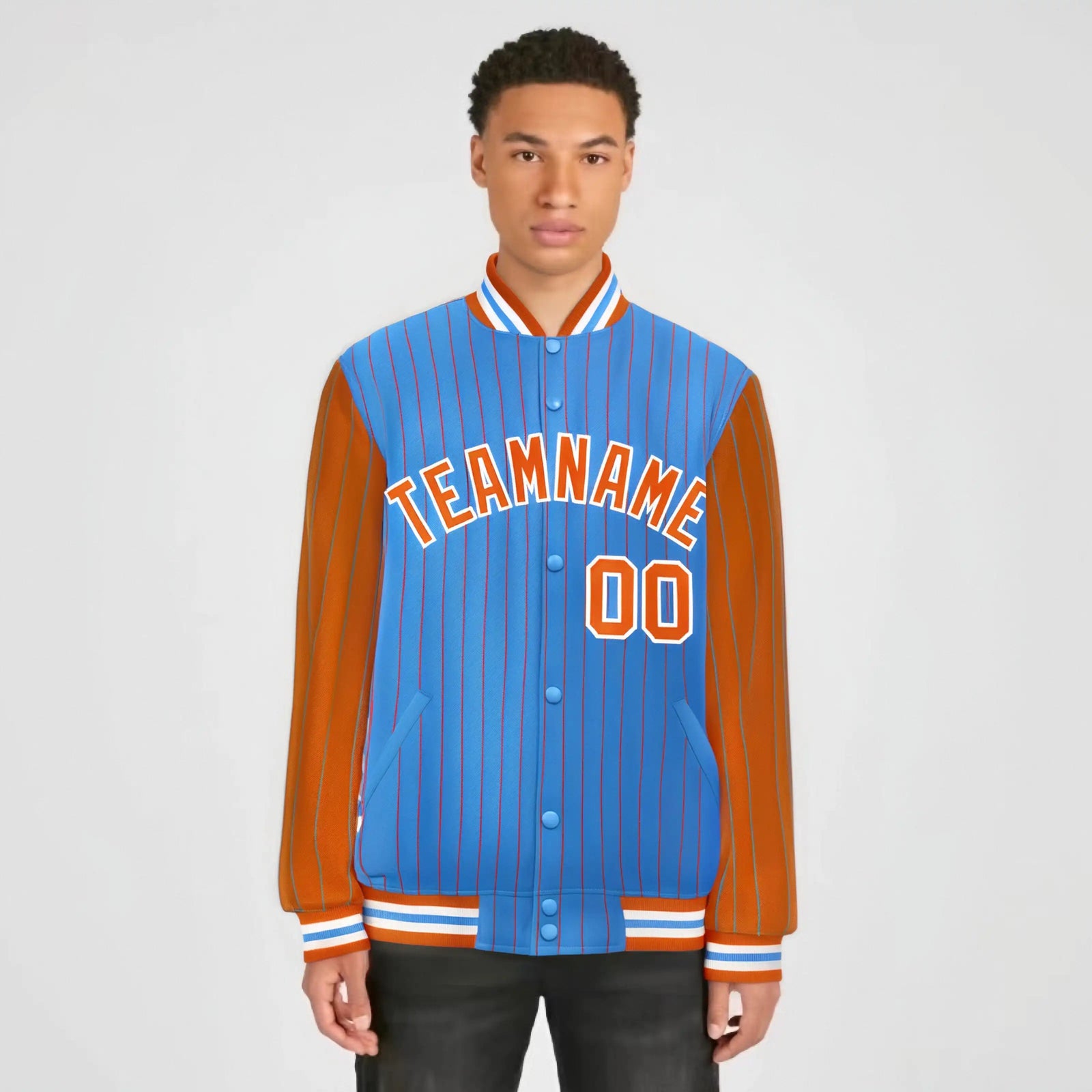 Custom Powder Blue Orange-Powder Blue Personalized Stripe Fashion Letterman Bomber Varsity Jacket
