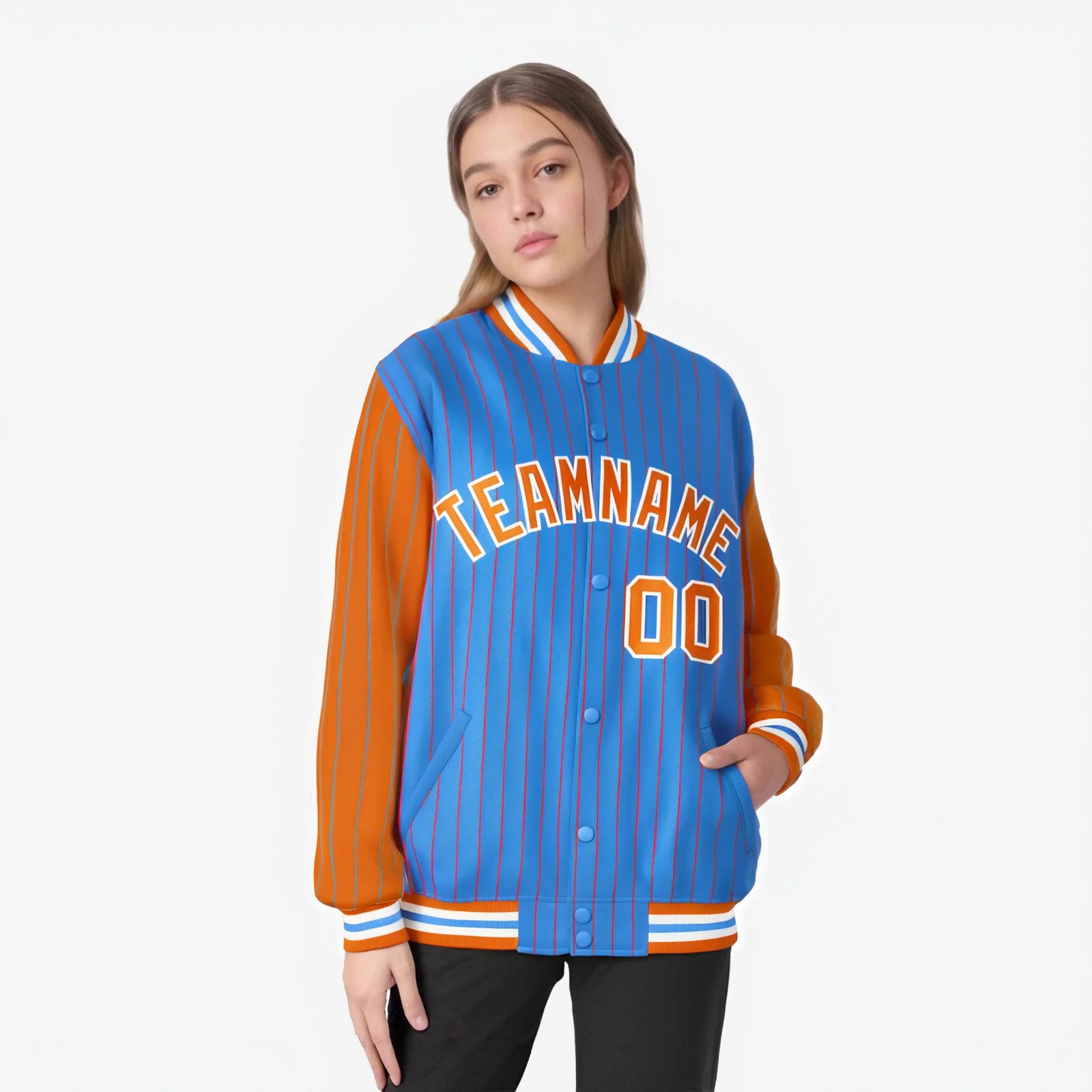 Custom Powder Blue Orange-Powder Blue Personalized Stripe Fashion Letterman Bomber Varsity Jacket