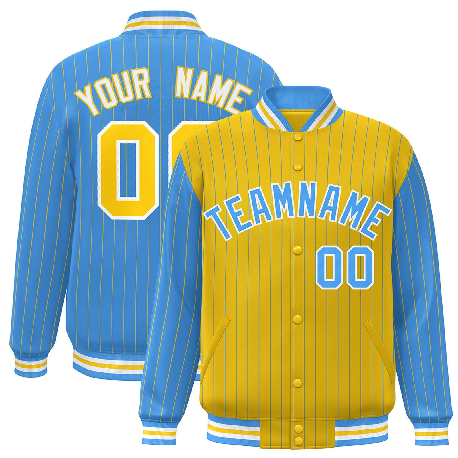 Custom Powder Blue Gold-Powder Blue Personalized Stripe Fashion Letterman Bomber Varsity Jacket
