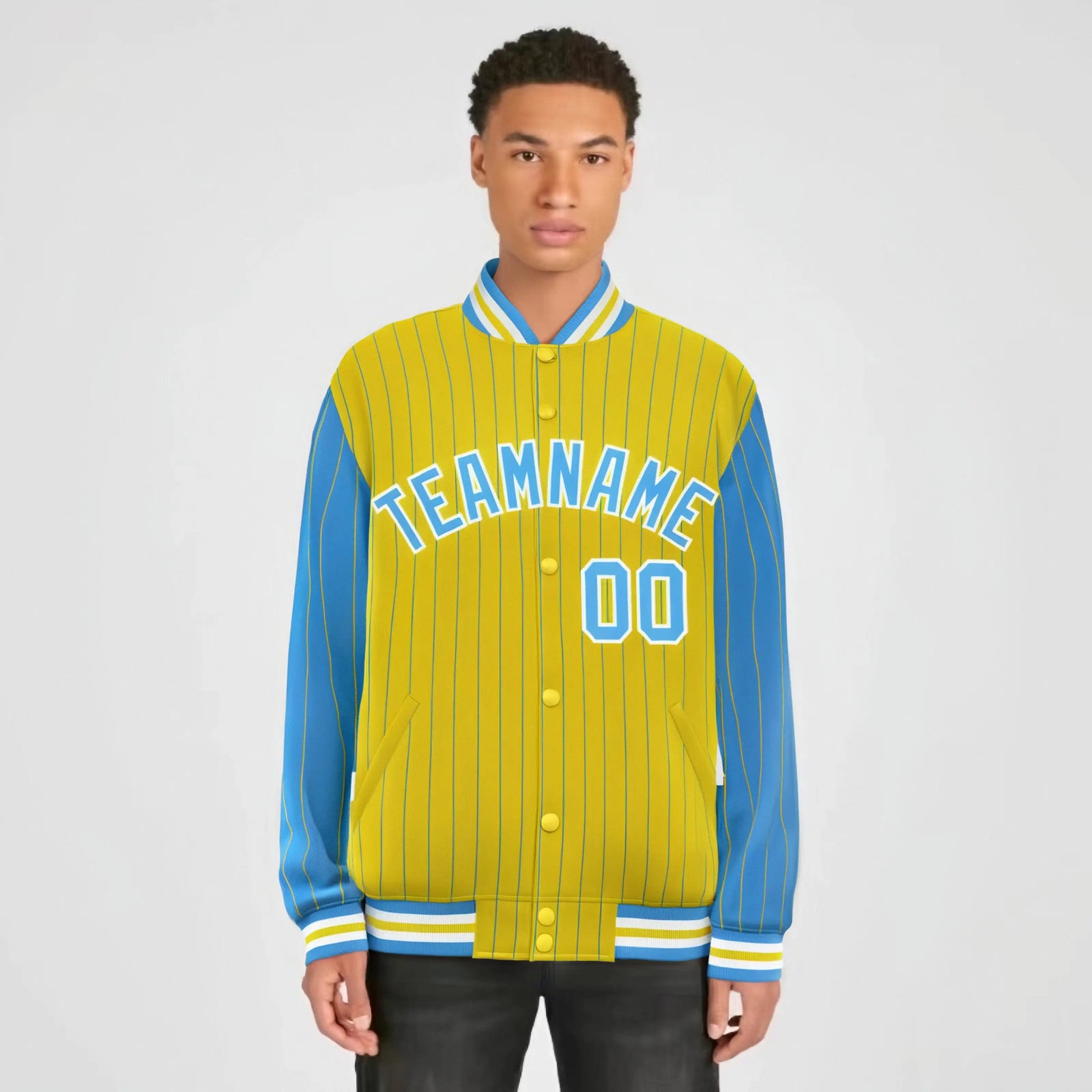 Custom Powder Blue Gold-Powder Blue Personalized Stripe Fashion Letterman Bomber Varsity Jacket