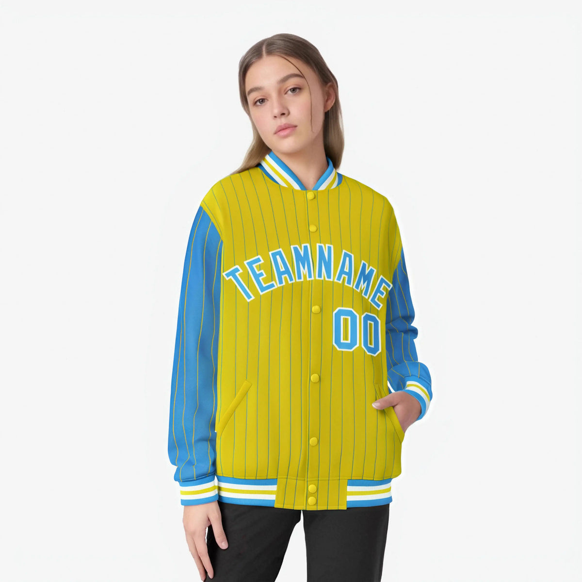 Custom Powder Blue Gold-Powder Blue Personalized Stripe Fashion Letterman Bomber Varsity Jacket
