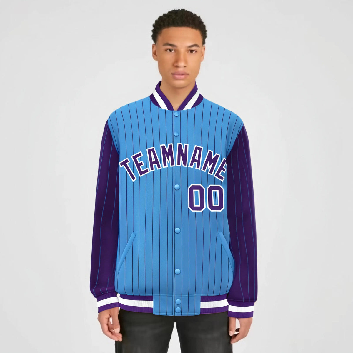 Custom Powder Blue Purple-Powder Blue Personalized Stripe Fashion Letterman Bomber Varsity Jacket