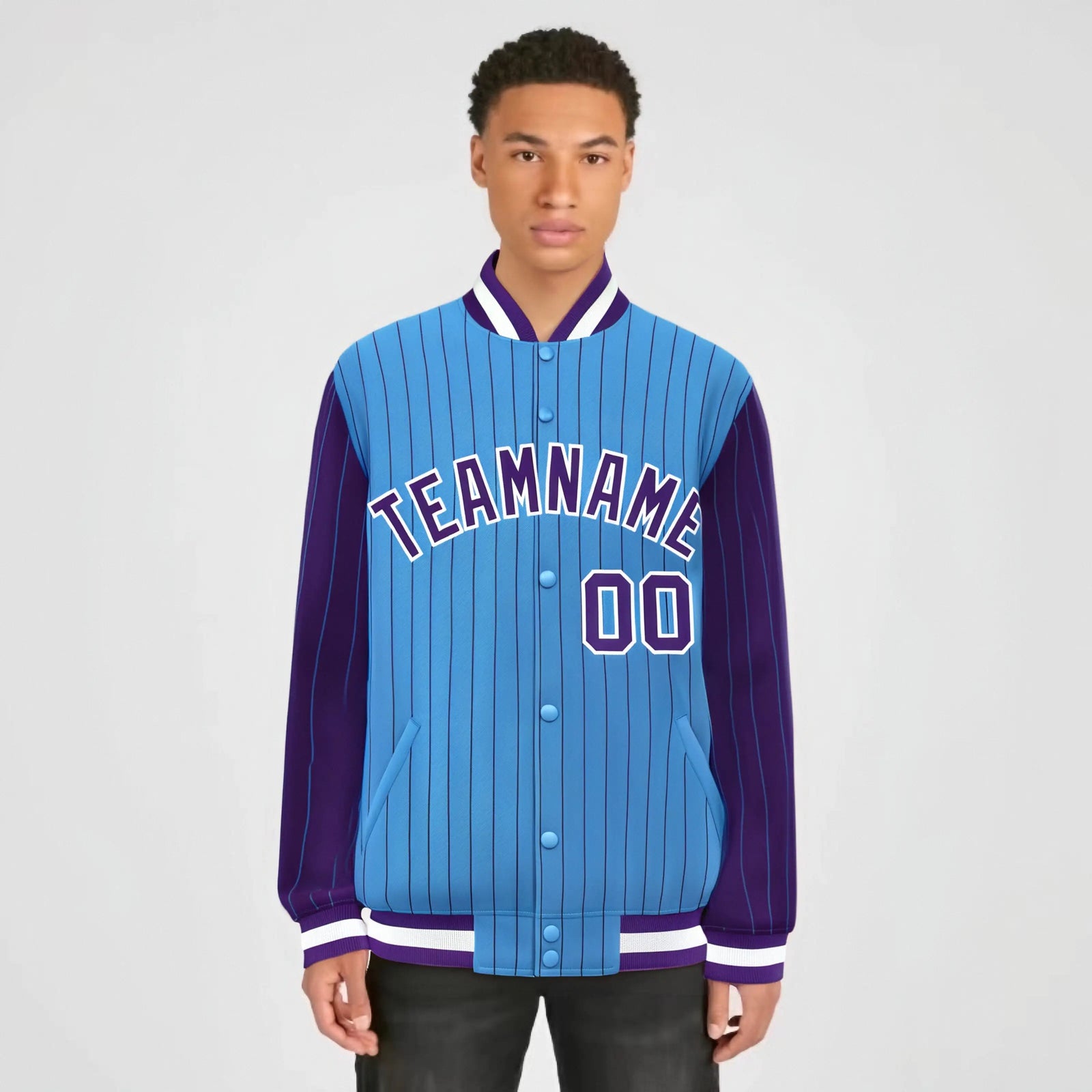 Custom Powder Blue Purple-Powder Blue Personalized Stripe Fashion Letterman Bomber Varsity Jacket