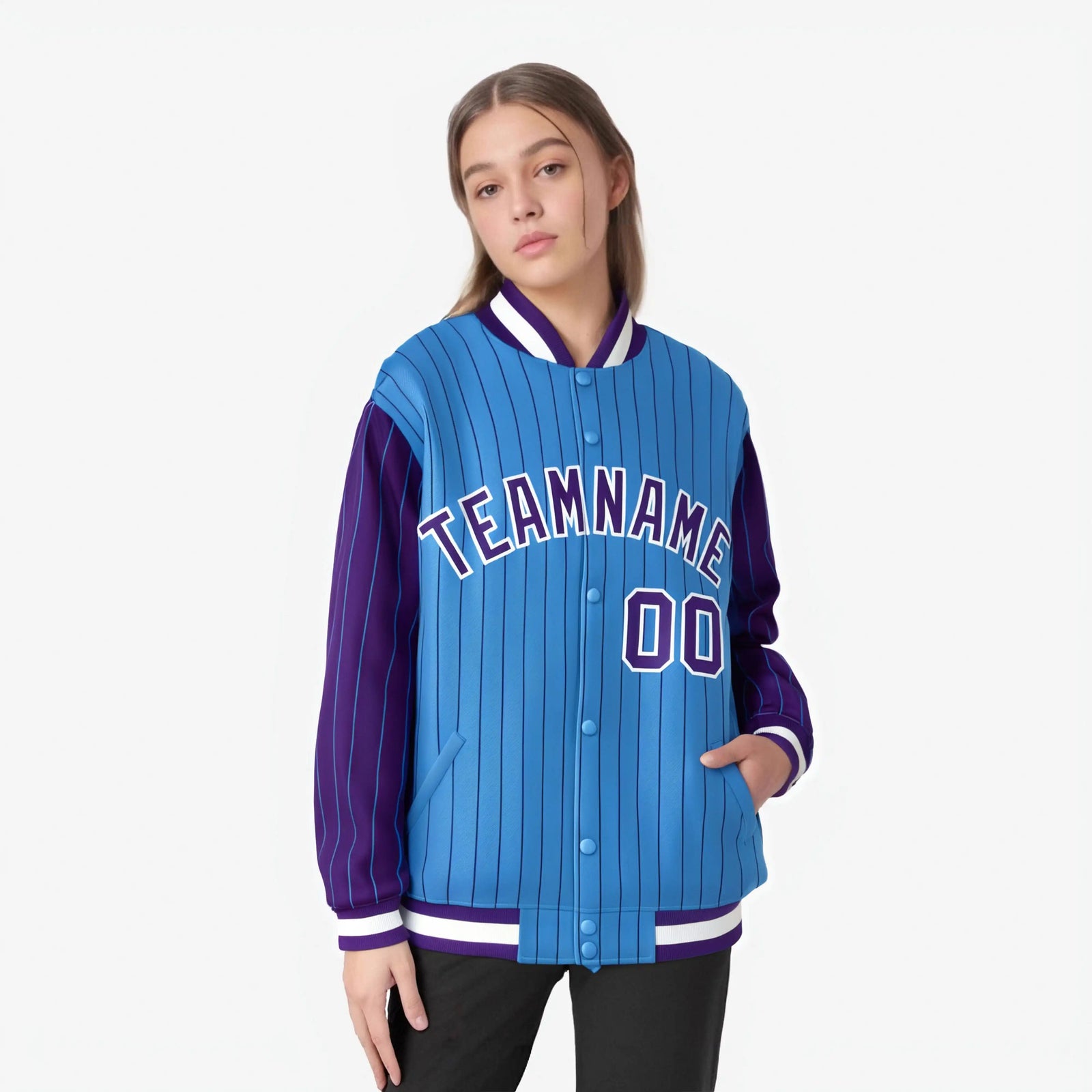 Custom Powder Blue Purple-Powder Blue Personalized Stripe Fashion Letterman Bomber Varsity Jacket