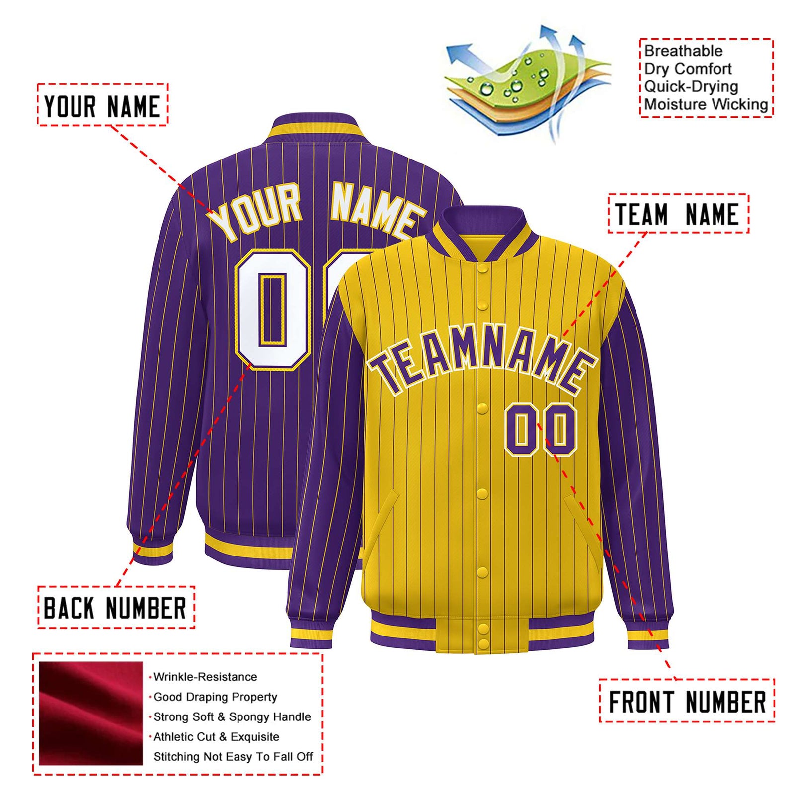 Custom Gold Purple-Gold Personalized Stripe Fashion Letterman Bomber Varsity Jacket
