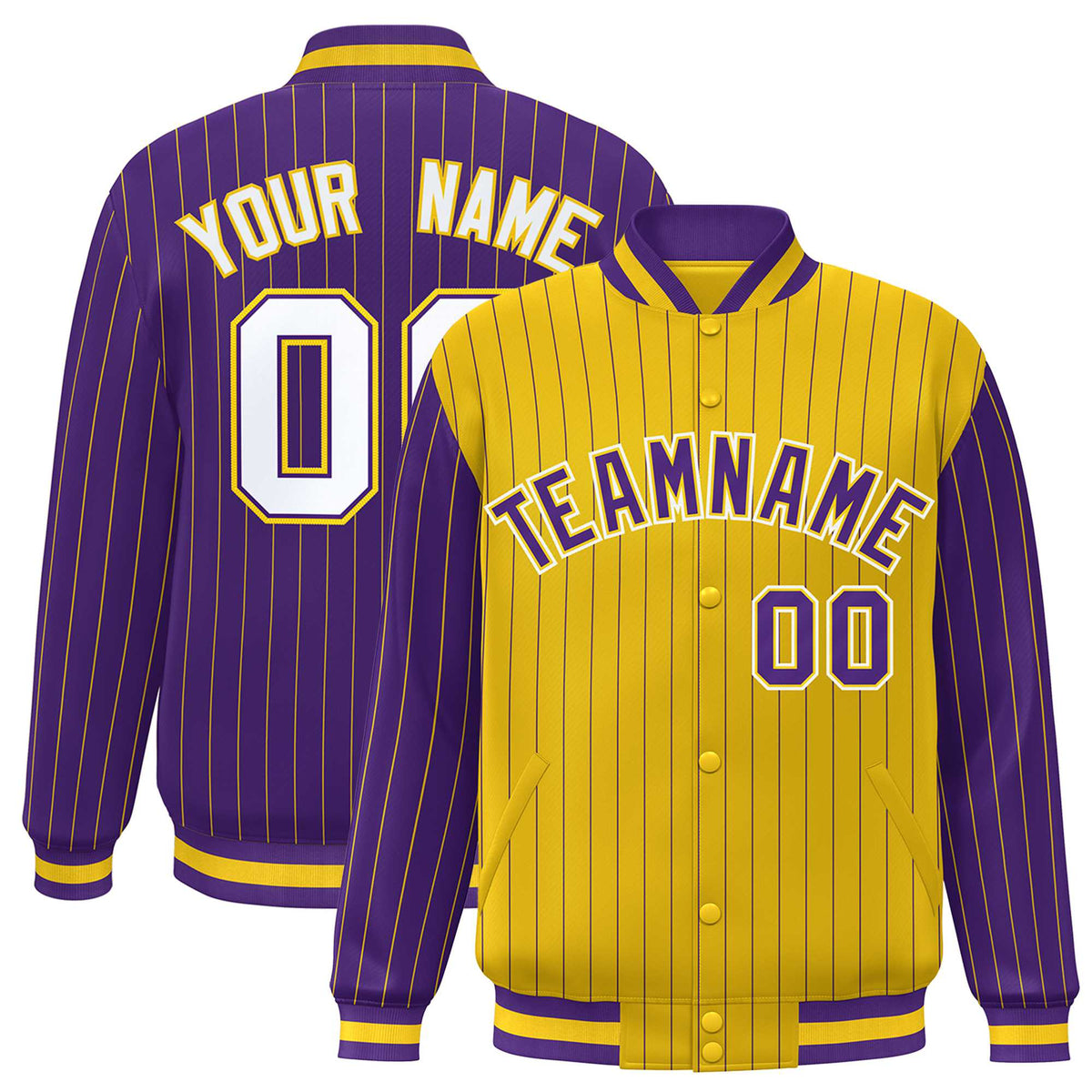 Custom Gold Purple-Gold Personalized Stripe Fashion Letterman Bomber Varsity Jacket