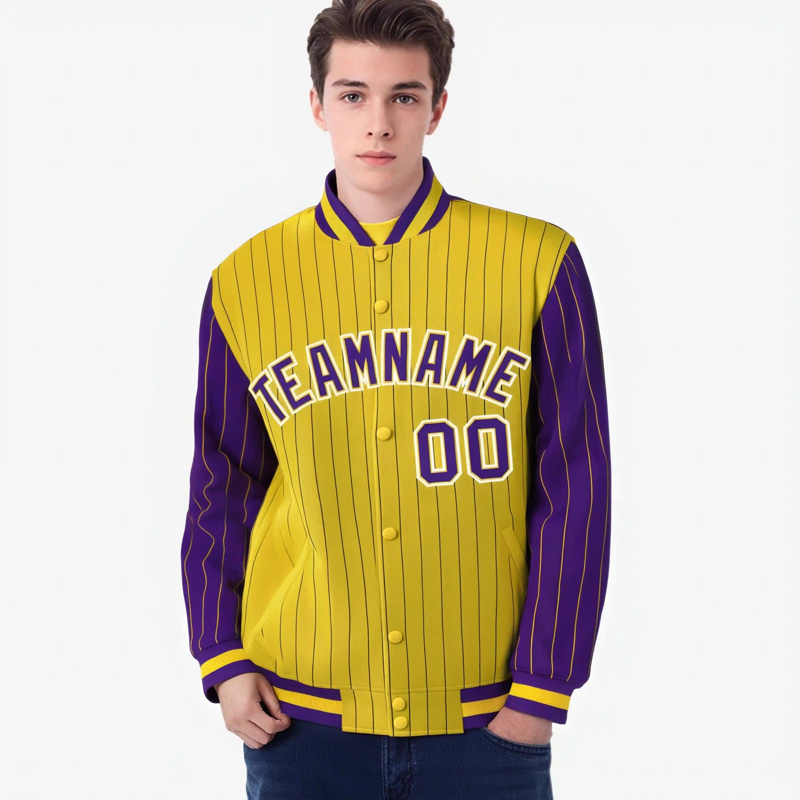 Custom Gold Purple-Gold Personalized Stripe Fashion Letterman Bomber Varsity Jacket