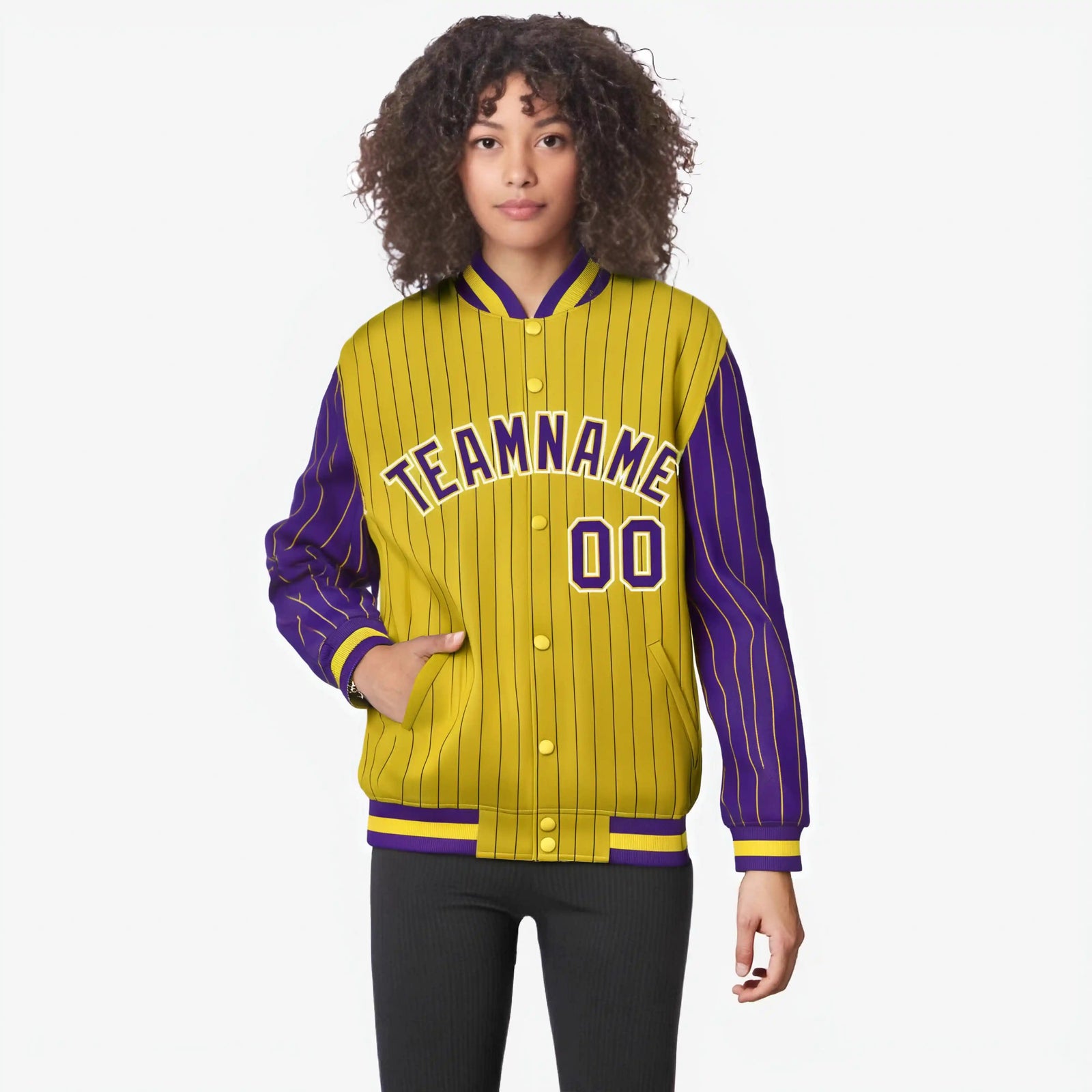 Custom Gold Purple-Gold Personalized Stripe Fashion Letterman Bomber Varsity Jacket