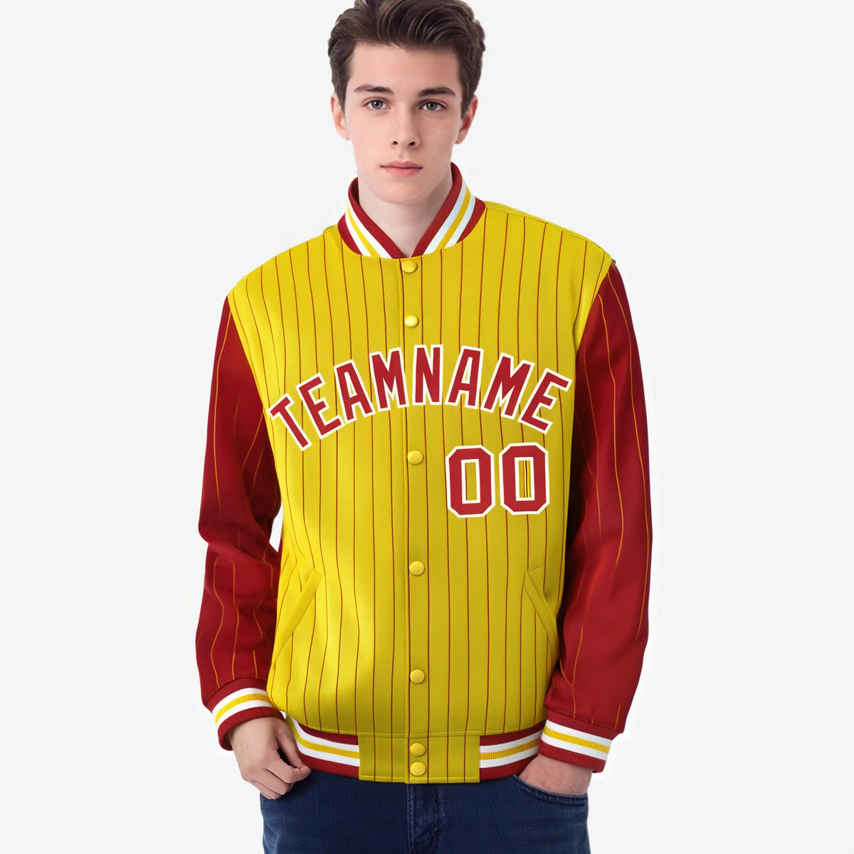 Custom Gold Red-Gold Personalized Stripe Fashion Letterman Bomber Varsity Jacket