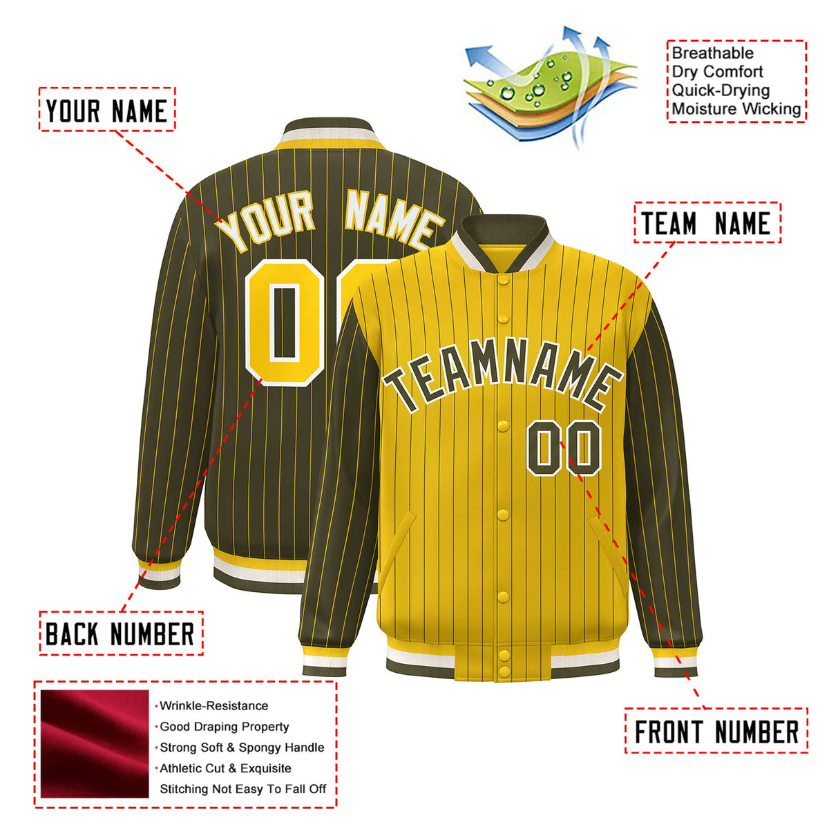 Custom Gold Olive-Gold Personalized Stripe Fashion Letterman Bomber Varsity Jacket