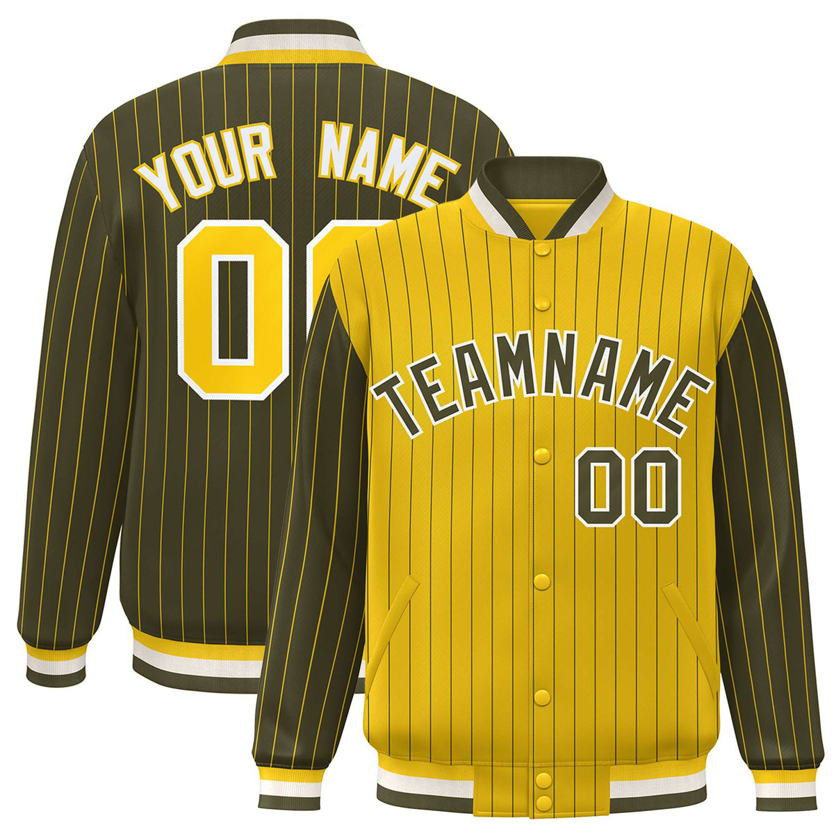 Custom Gold Olive-Gold Personalized Stripe Fashion Letterman Bomber Varsity Jacket