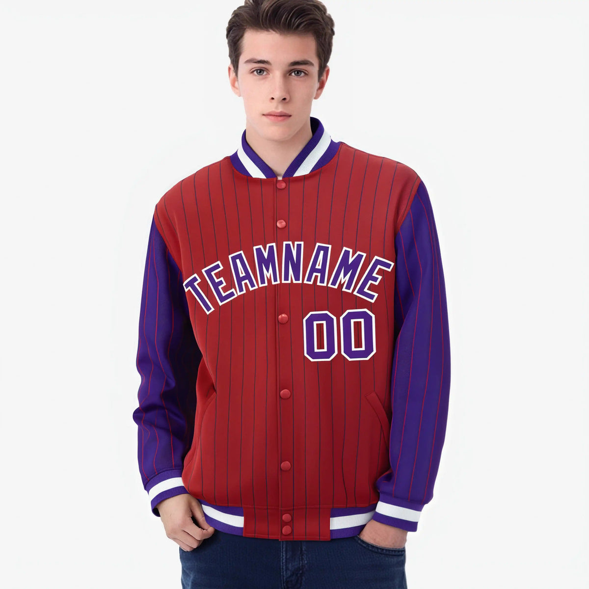 Custom Red Purple-Red Personalized Stripe Fashion Letterman Bomber Varsity Jacket