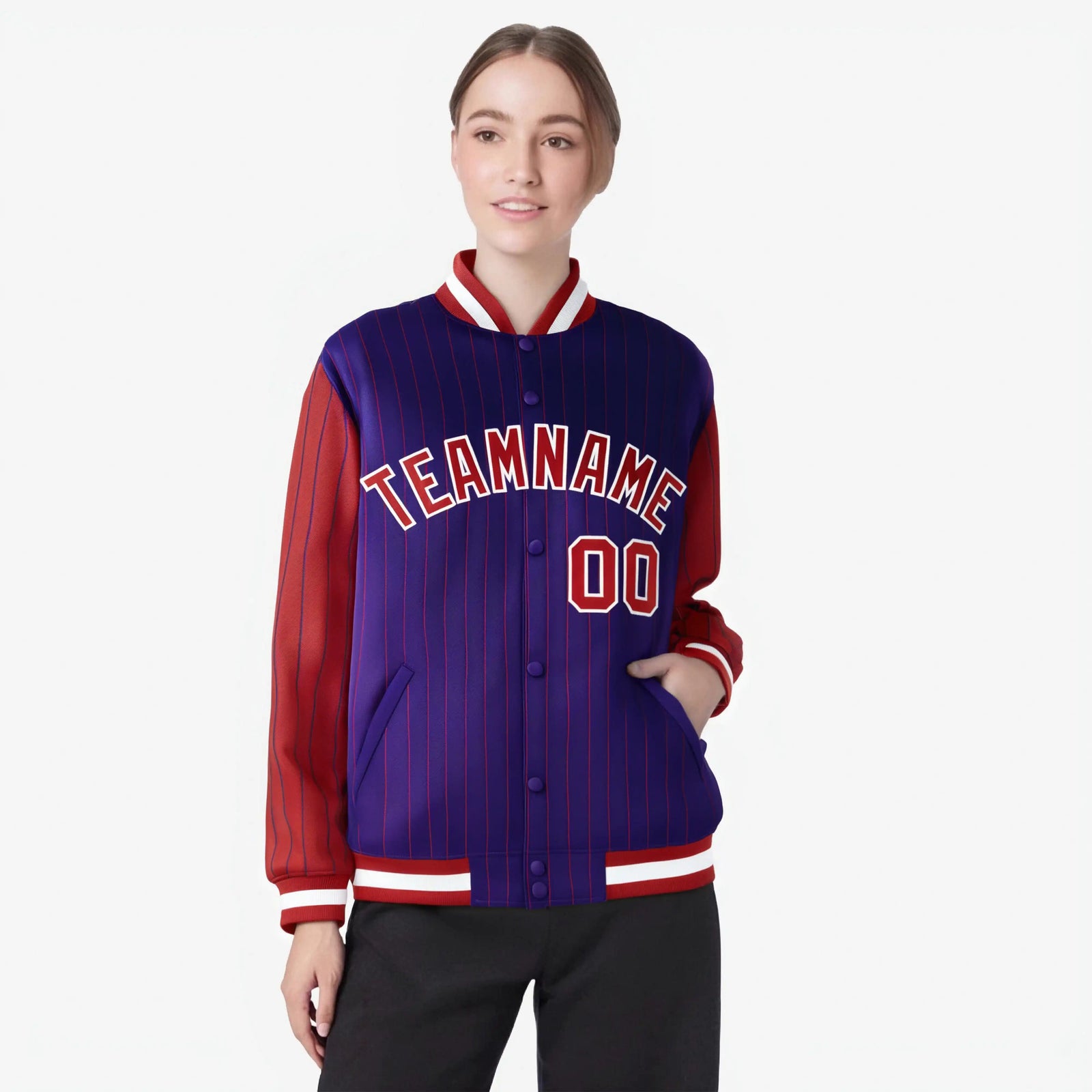 Custom Purple Red-Purple Personalized Stripe Fashion Letterman Bomber Varsity Jacket