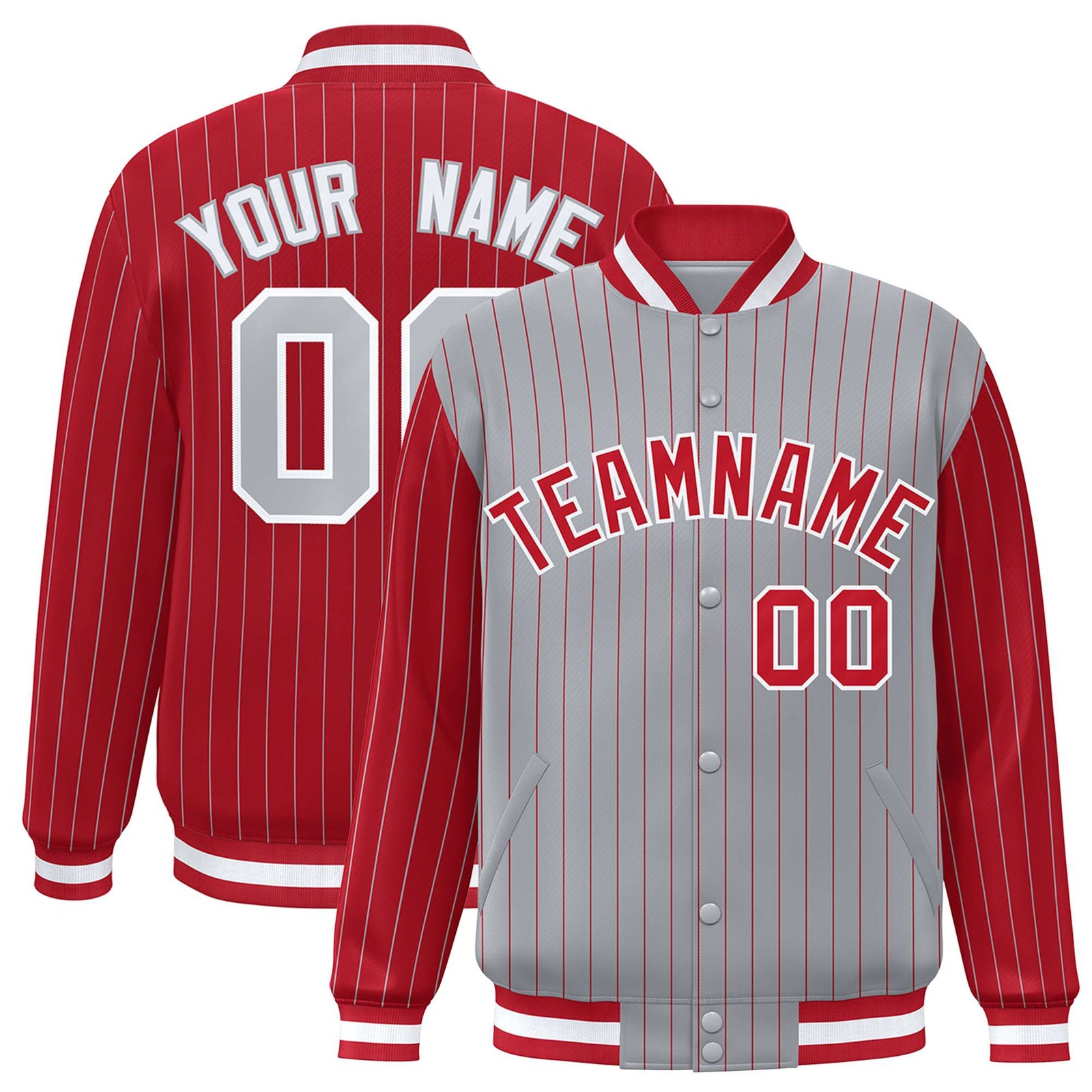 Custom Gray Red-Gray Personalized Stripe Fashion Letterman Bomber Varsity Jacket