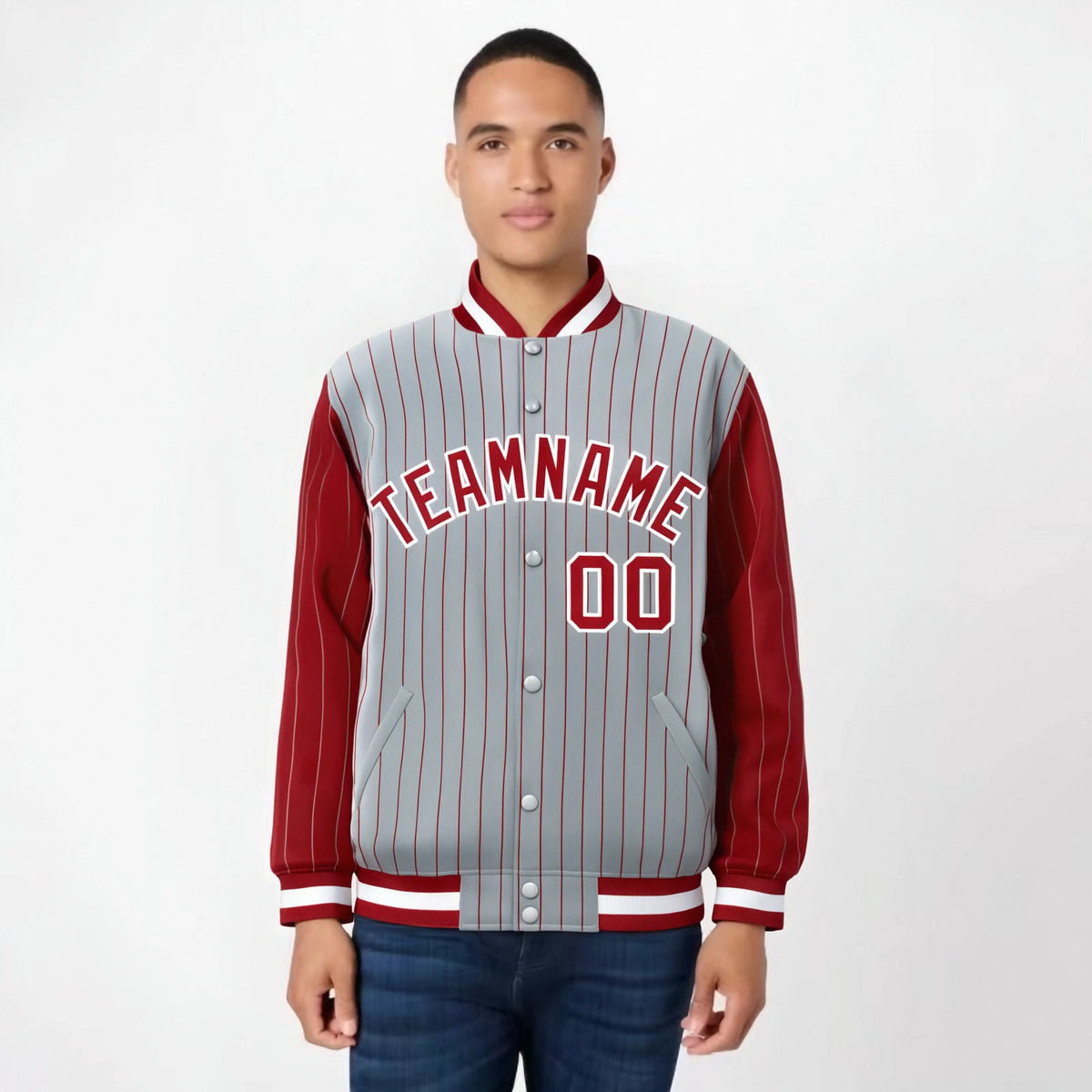 Custom Gray Red-Gray Personalized Stripe Fashion Letterman Bomber Varsity Jacket