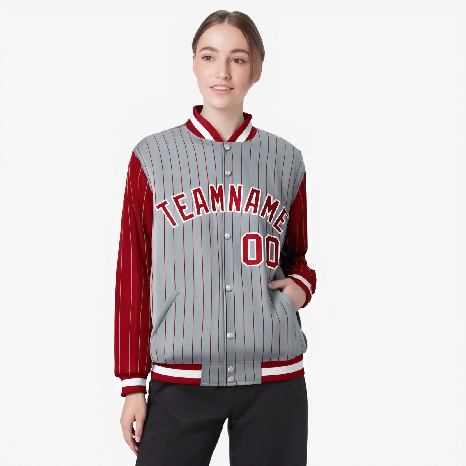 Custom Gray Red-Gray Personalized Stripe Fashion Letterman Bomber Varsity Jacket