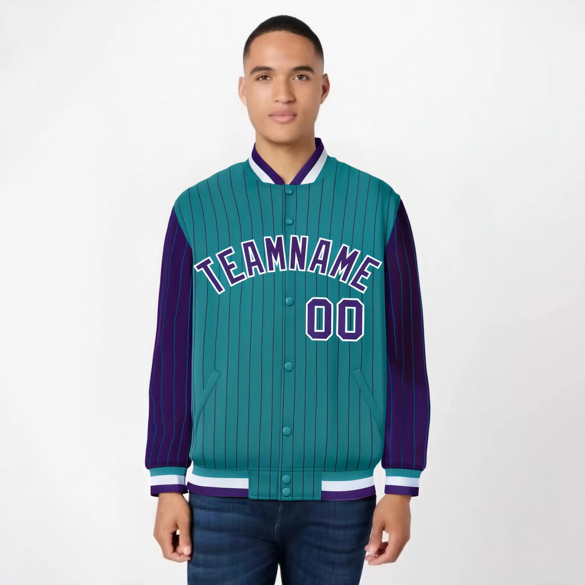 Custom Aqua Purple-Aqua Personalized Stripe Fashion Letterman Bomber Varsity Jacket