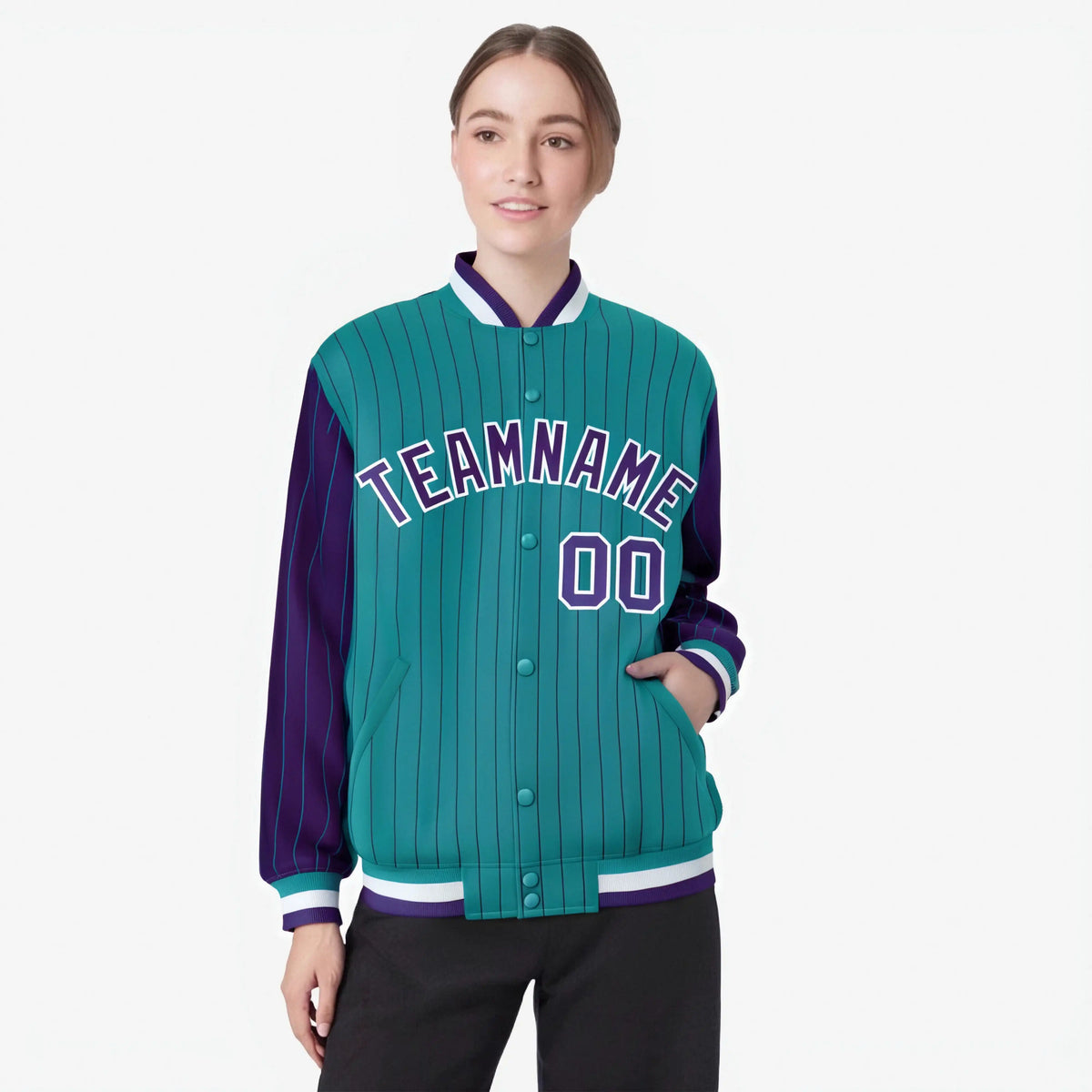 Custom Aqua Purple-Aqua Personalized Stripe Fashion Letterman Bomber Varsity Jacket