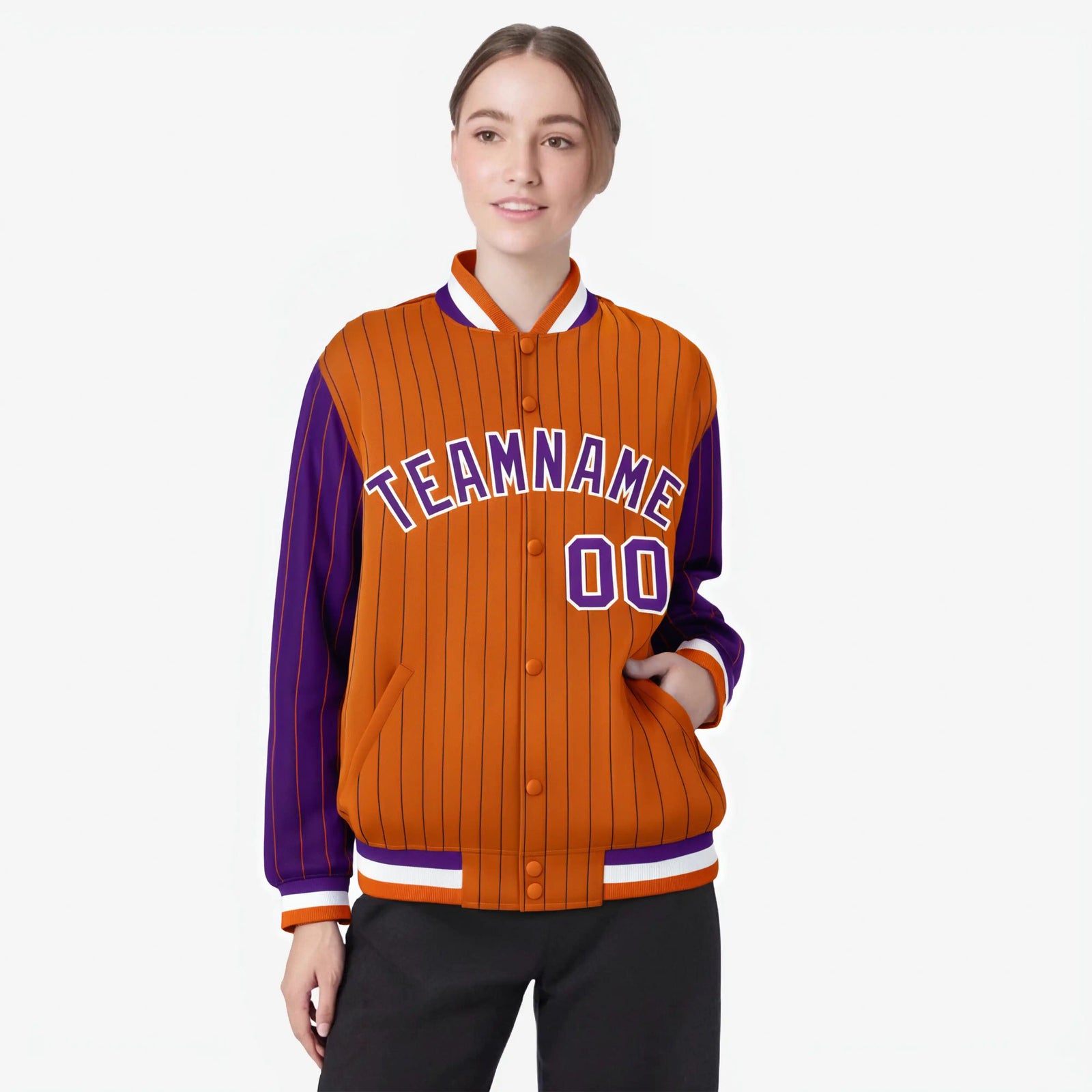 Custom Orange Purple-Orange Personalized Stripe Fashion Letterman Bomber Varsity Jacket