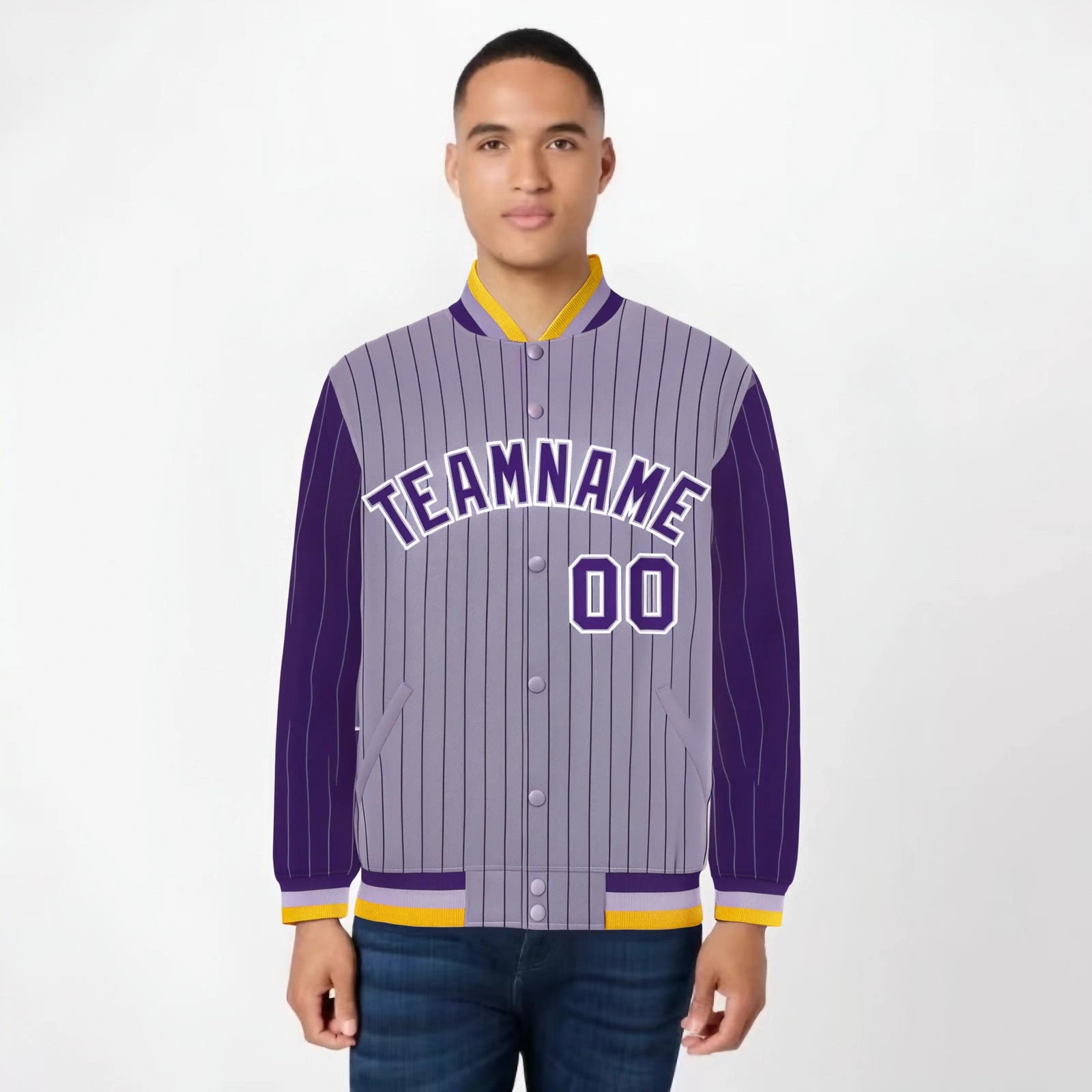 Custom Light Purple Purple-Light Purple Personalized Stripe Fashion Letterman Bomber Varsity Jacket